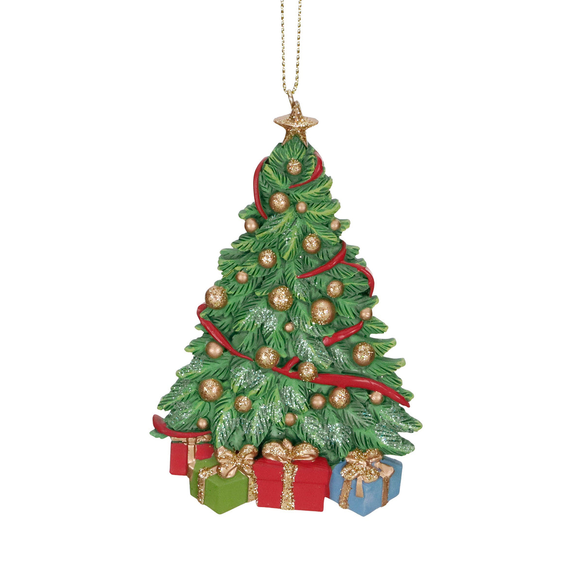 Ornament brad de Crăciun cu cadouri, verde/roșu, 11 cm