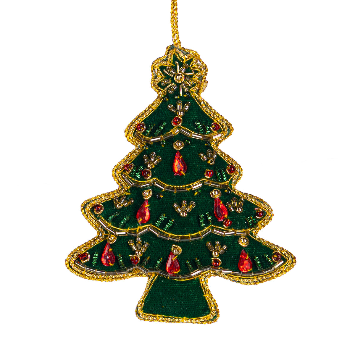 Ornament brad de Crăciun din textil cu pietre, verde/auriu/roșu, 12 cm