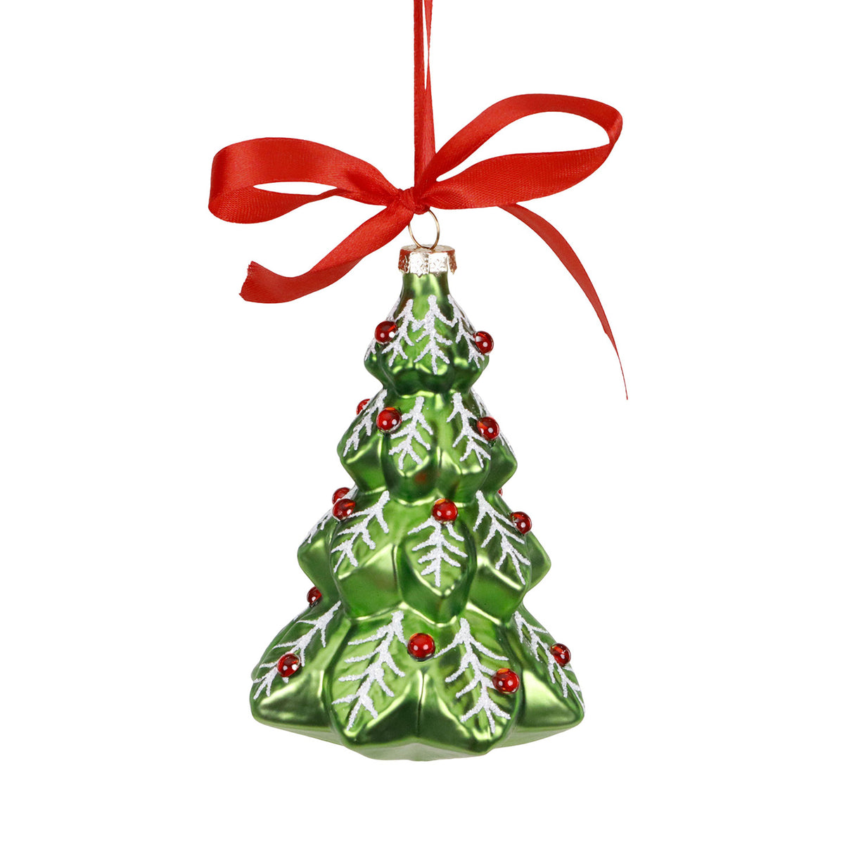 Ornament brad din sticlă cu pietre și fundă, verde/roșu, 13 cm