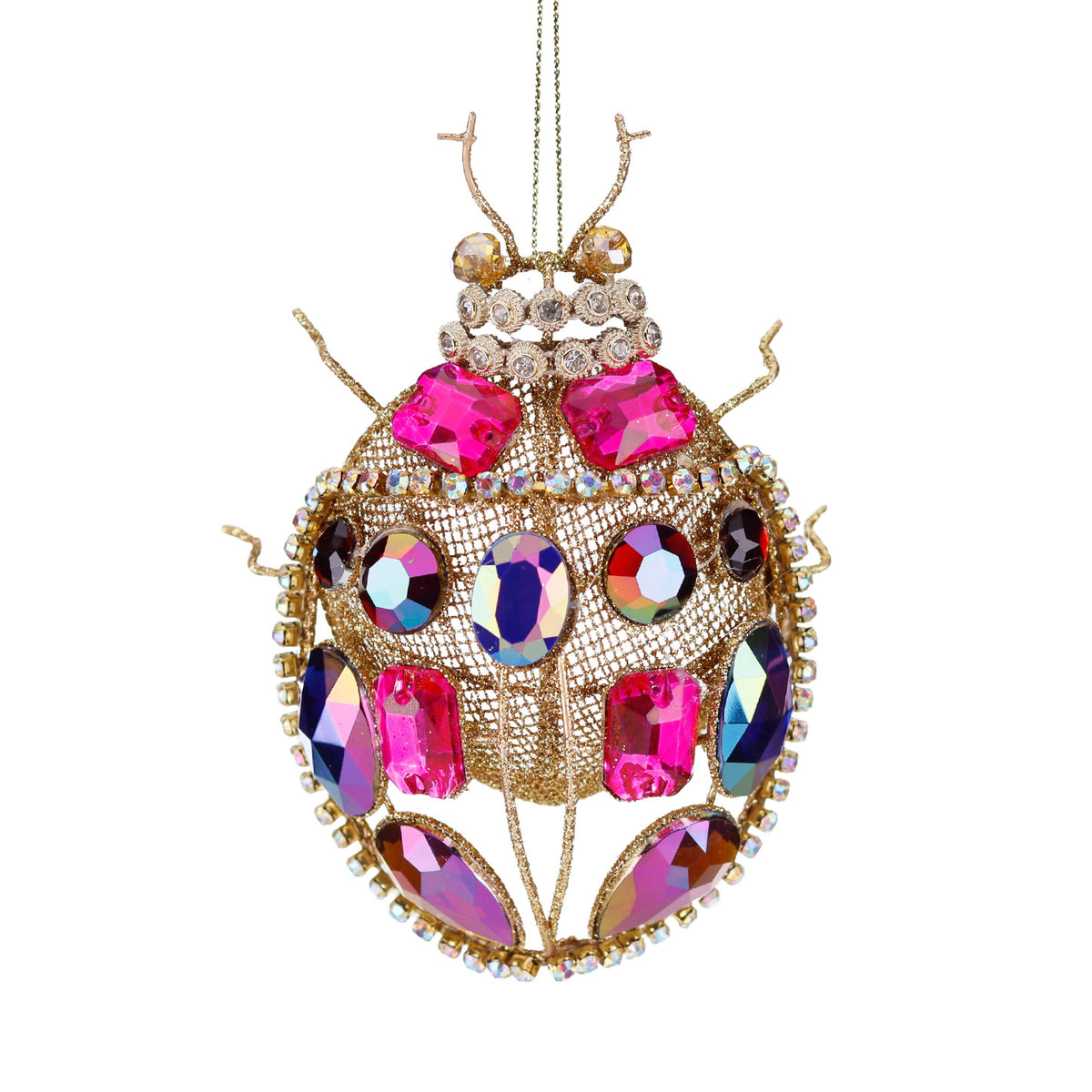 Ornament buburuză din sârmă metalică cu pietre, auriu/roz, 12 cm