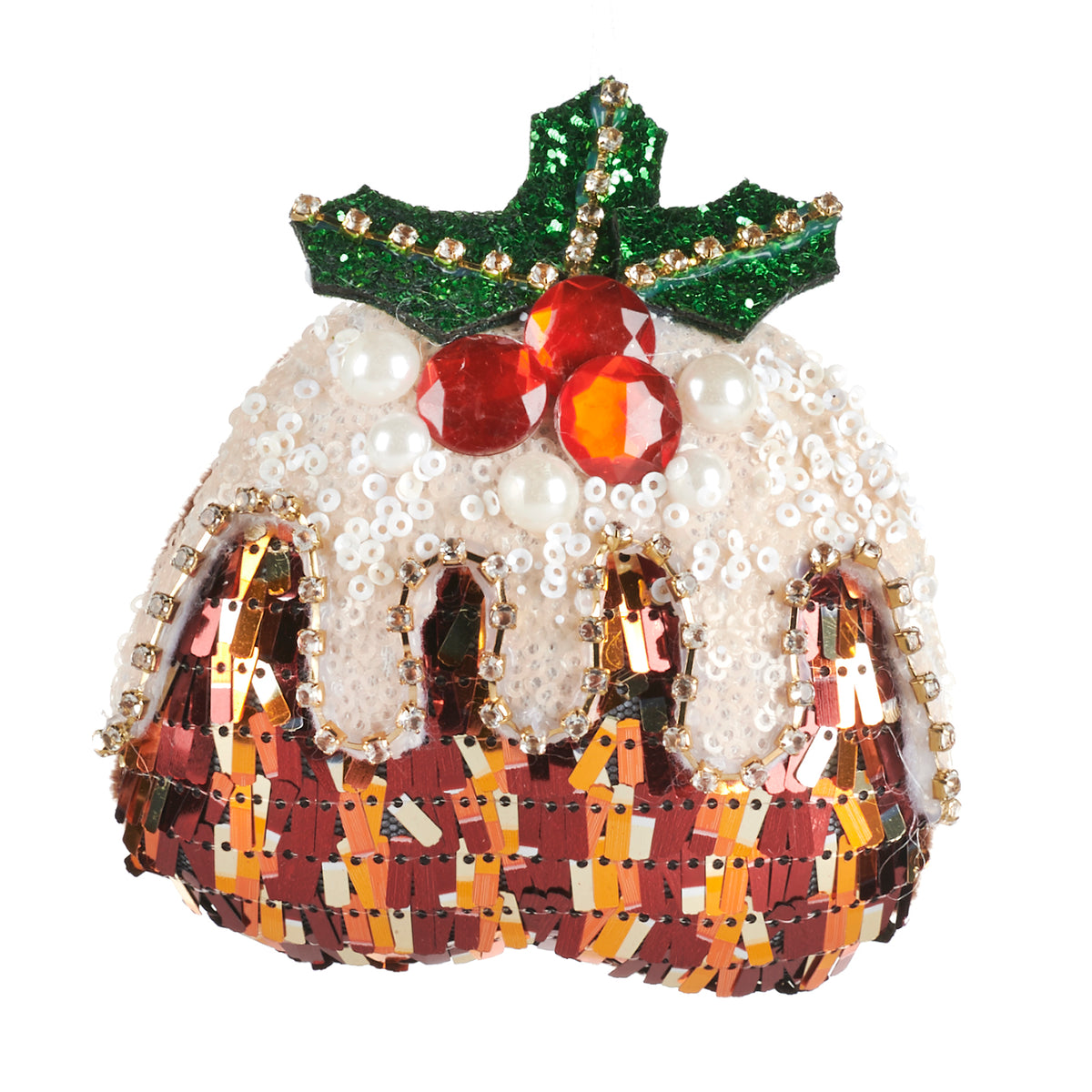 Ornament budincă de Crăciun din textil cu paiete, alb/maro, 11,5 cm