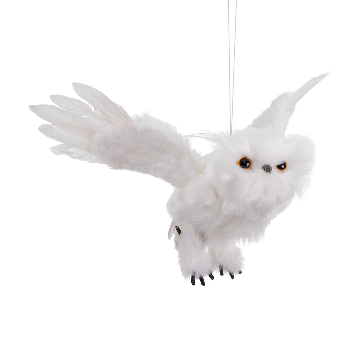 Ornament bufniță de zăpadă în zbor, din blăniță, alb, 33 cm