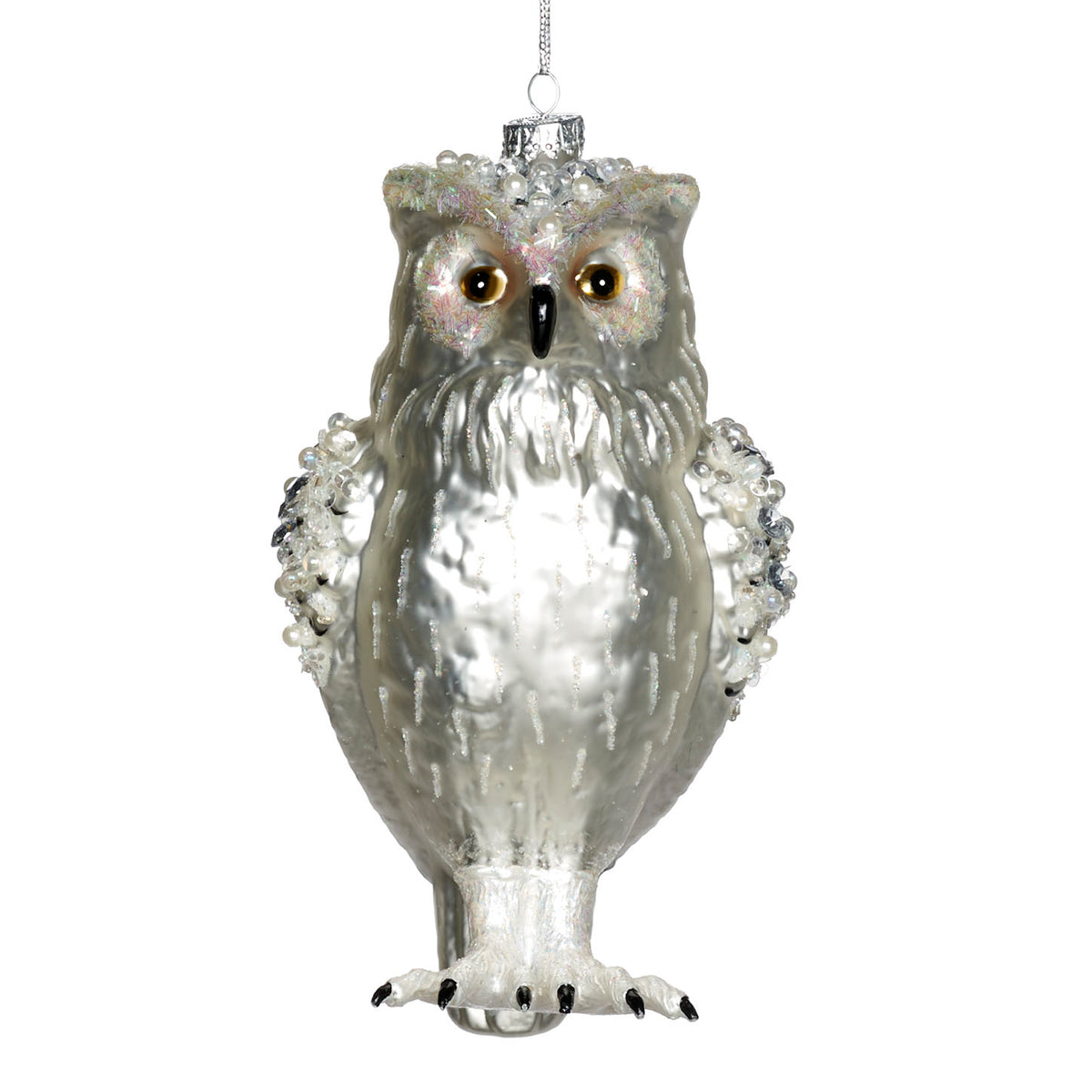 Ornament bufniță din sticlă cu pene, alb, 18,5 cm
