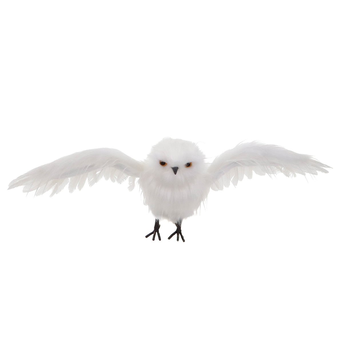 Ornament bufniță în zbor cu păr lung, din blăniță, alb, 74 cm