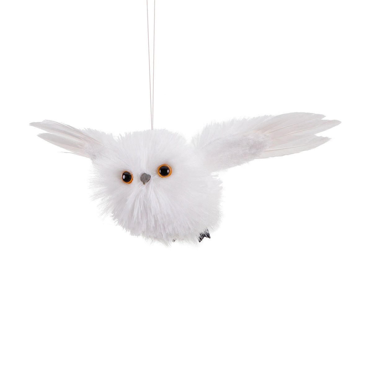 Ornament bufniță în zbor din blăniță și pene, alb, 23 cm