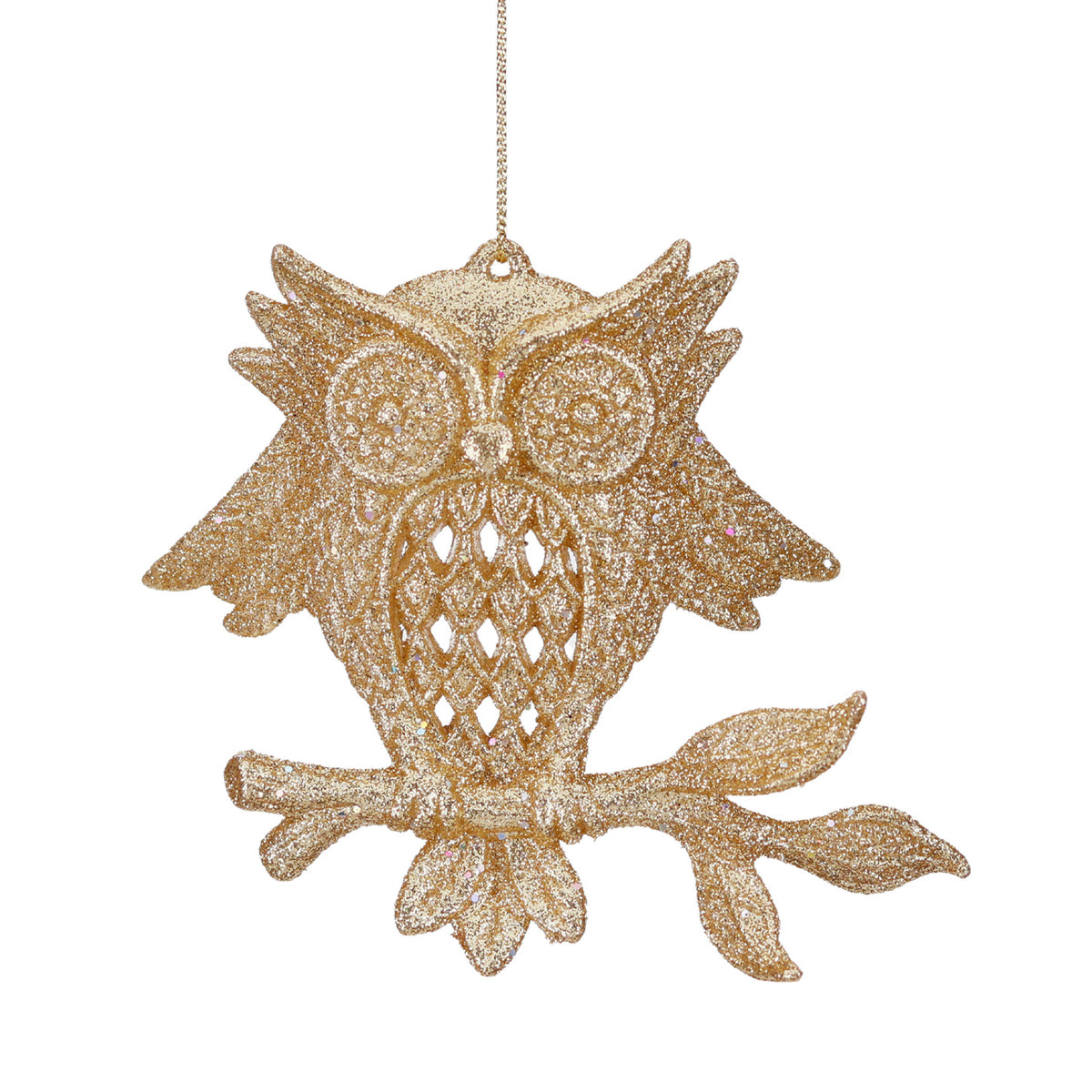 Ornament bufniță pe crenguță, cu sclipici, auriu, 10 cm