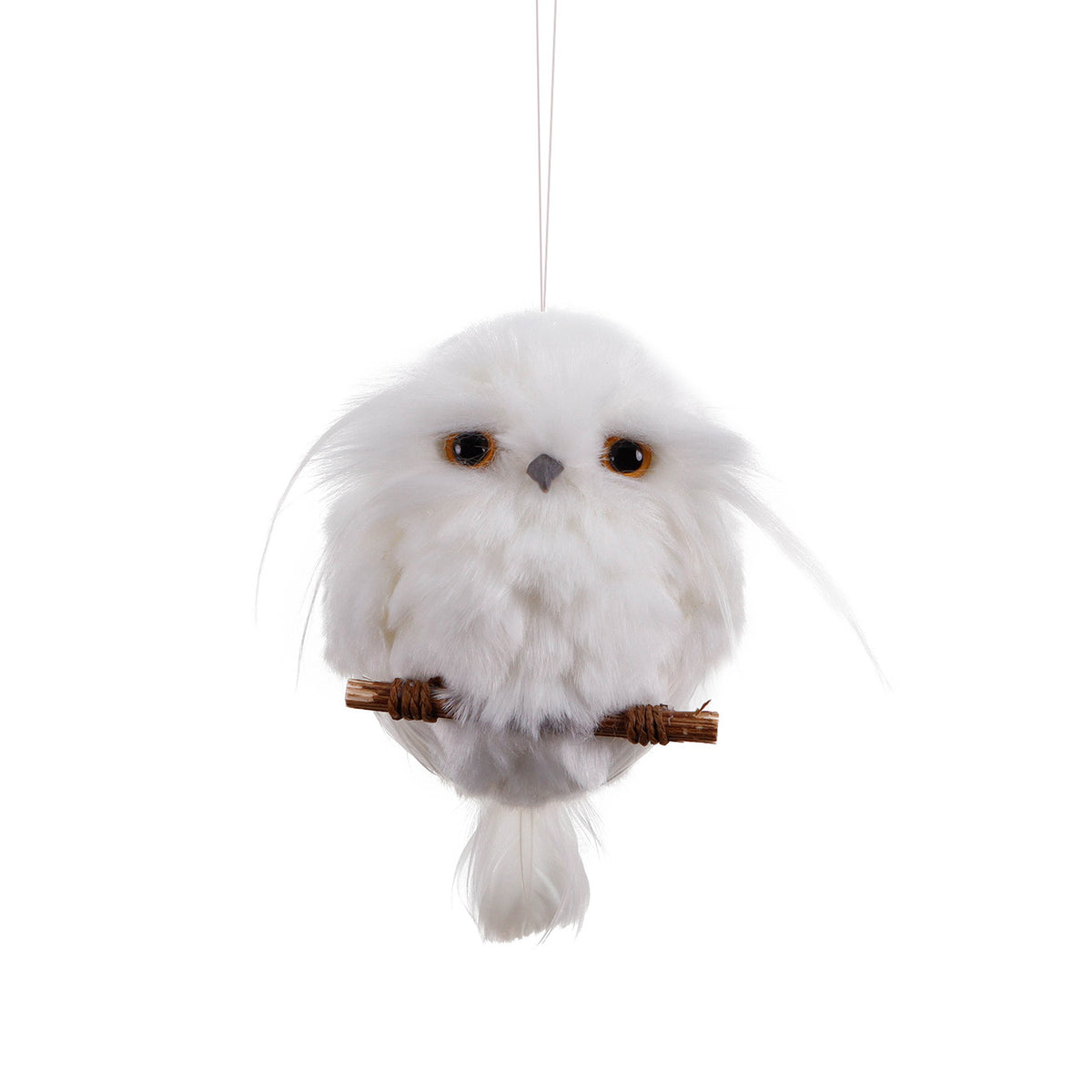 Ornament bufniță pe crenguță, din blăniță și pene, alb, 15 cm