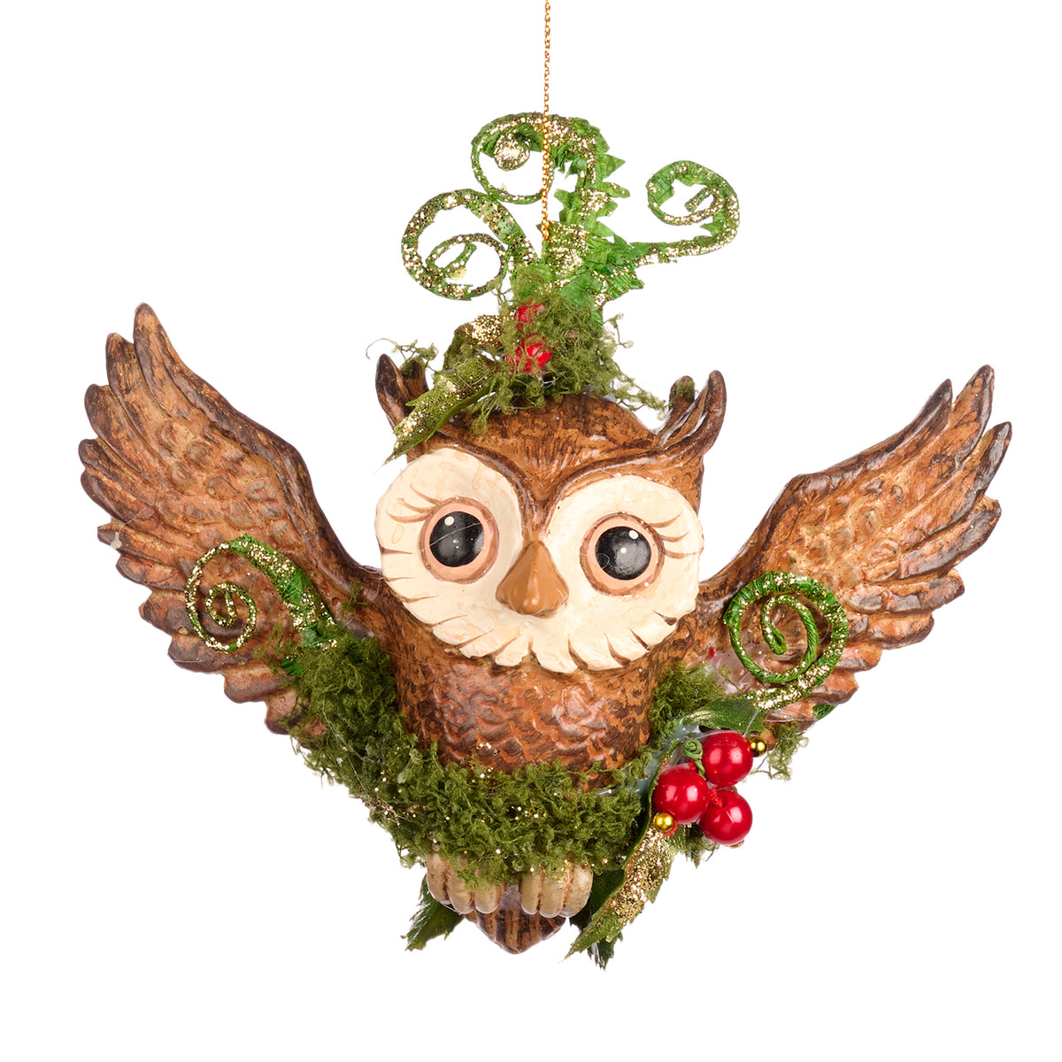 Ornament bufniță zburătoare cu ferigă, maro/verde, 13 cm