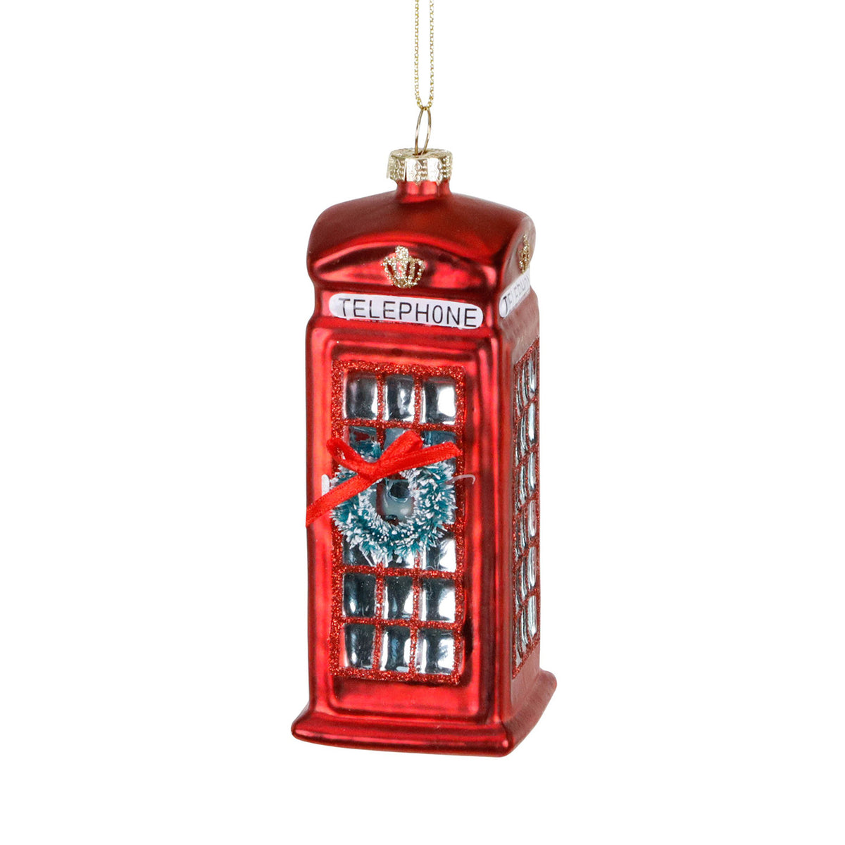 Ornament cabină telefonică londoneză de Crăciun, din sticlă, roșu, 13 cm