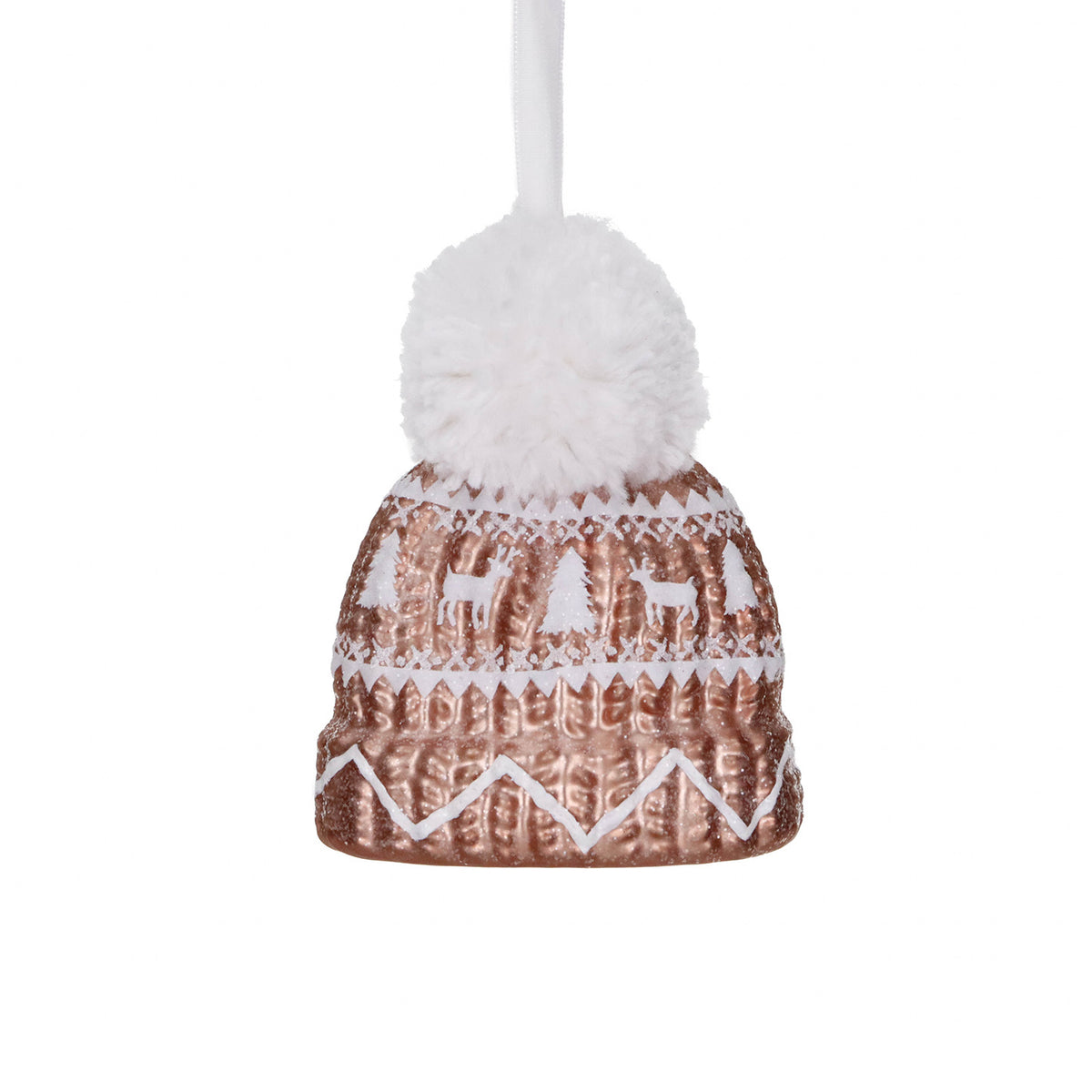 Ornament căciulă de iarnă cu pompon, din sticlă, alb/maro, 11,5 cm