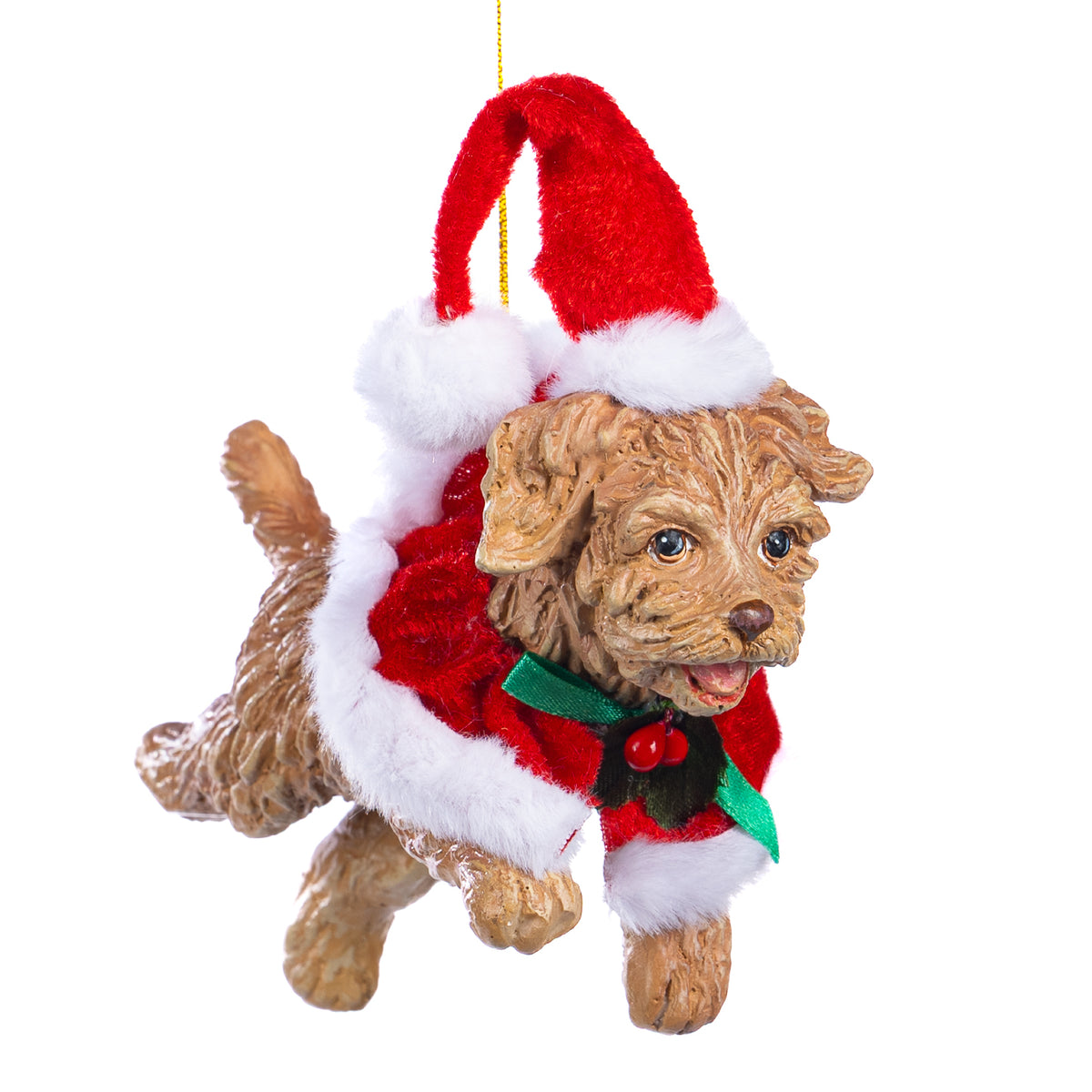 Ornament câine de Crăciun săritor, maro/roșu, 17 cm