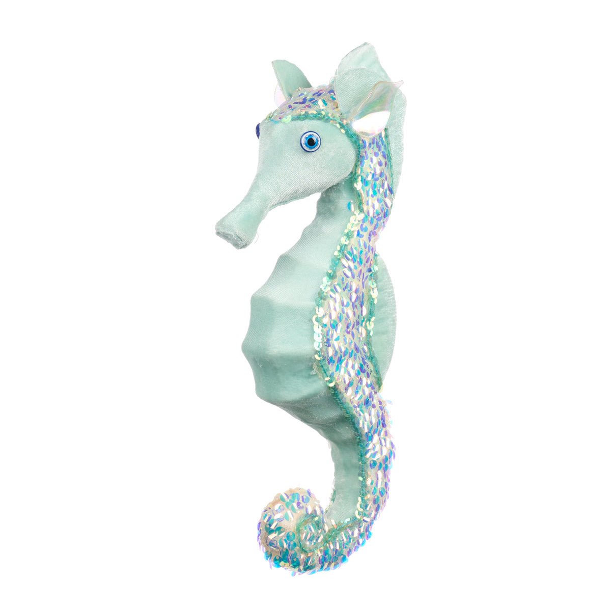 Ornament căluț de mare din textil irizat cu paiete, verde deschis/roz, 29 cm