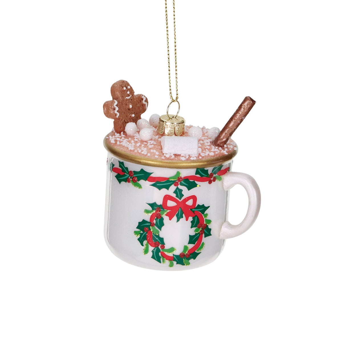 Ornament cană cu ciocolată caldă din sticlă, alb/verde, 9 cm