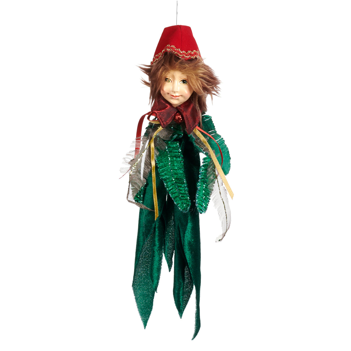 Ornament cap de băiat spiriduș-gnom, verde/roșu, 28 cm