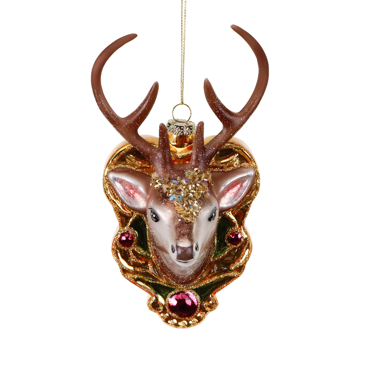 Ornament cap de cerb din sticlă cu pietre, maro/auriu, 16,5 cm