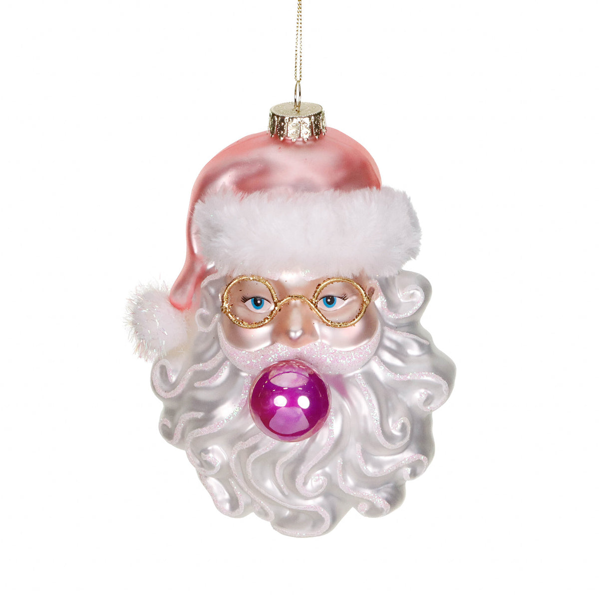 Ornament cap de Moș Crăciun care suflă o bulă, din sticlă, roz/alb, 16,5 cm