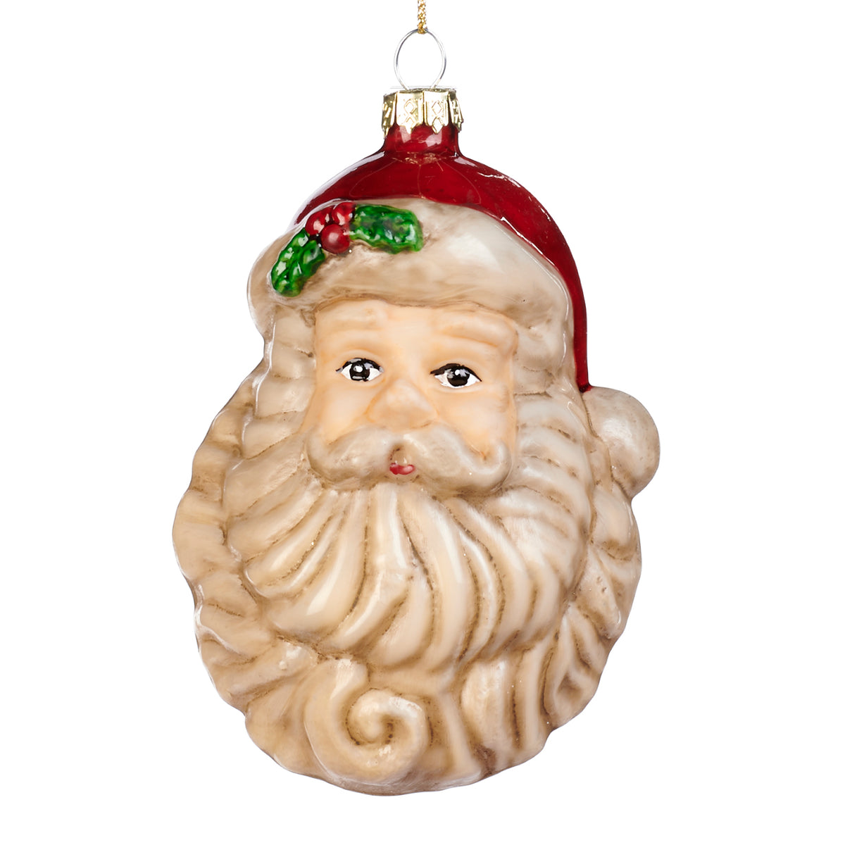 Ornament cap de Moș Crăciun din sticlă, roșu/crem, 14 cm