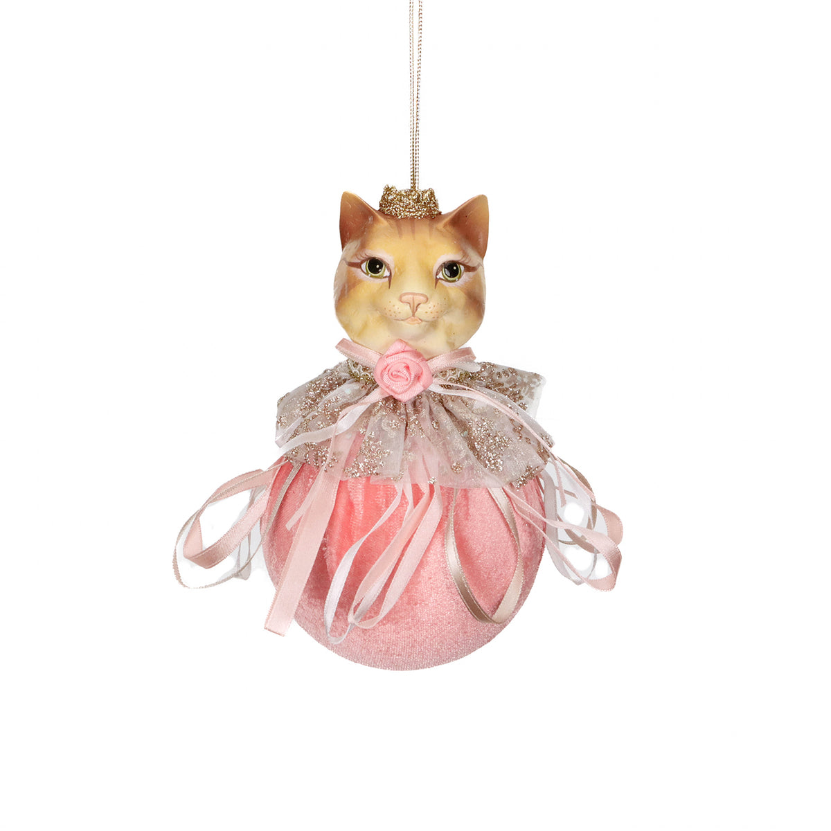 Ornament cap de pisică pe glob din textil, roz deschis/maro, 10 cm