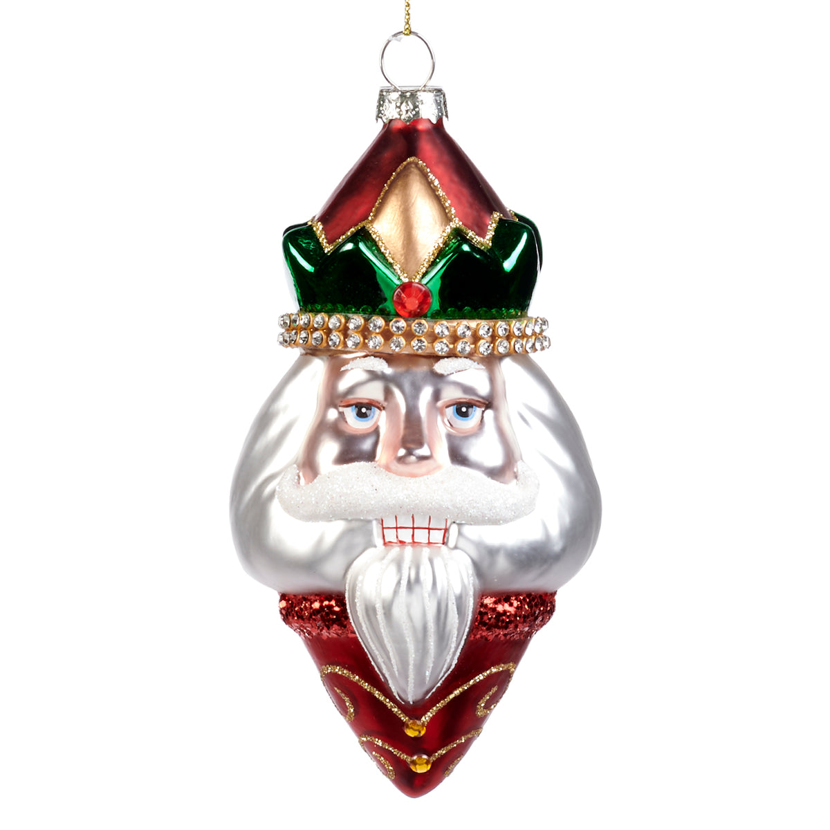 Ornament cap de spărgător de nuci din sticlă, cu pietre, roșu/alb/verde, 14,5 cm