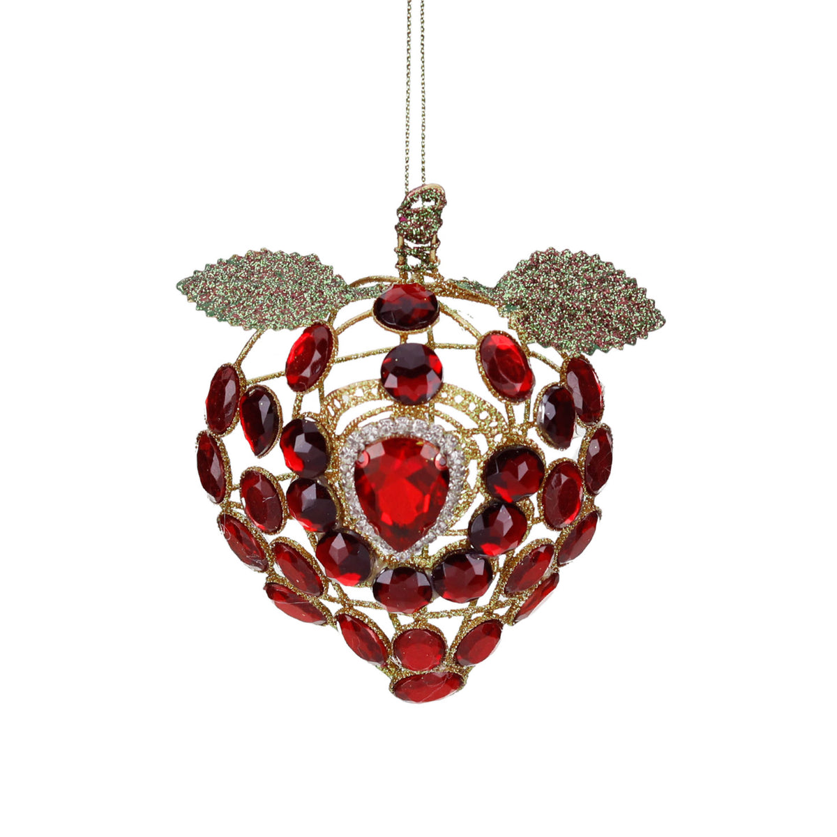 Ornament căpșună din sârmă metalică cu pietre, roșu/verde/auriu, 11 cm
