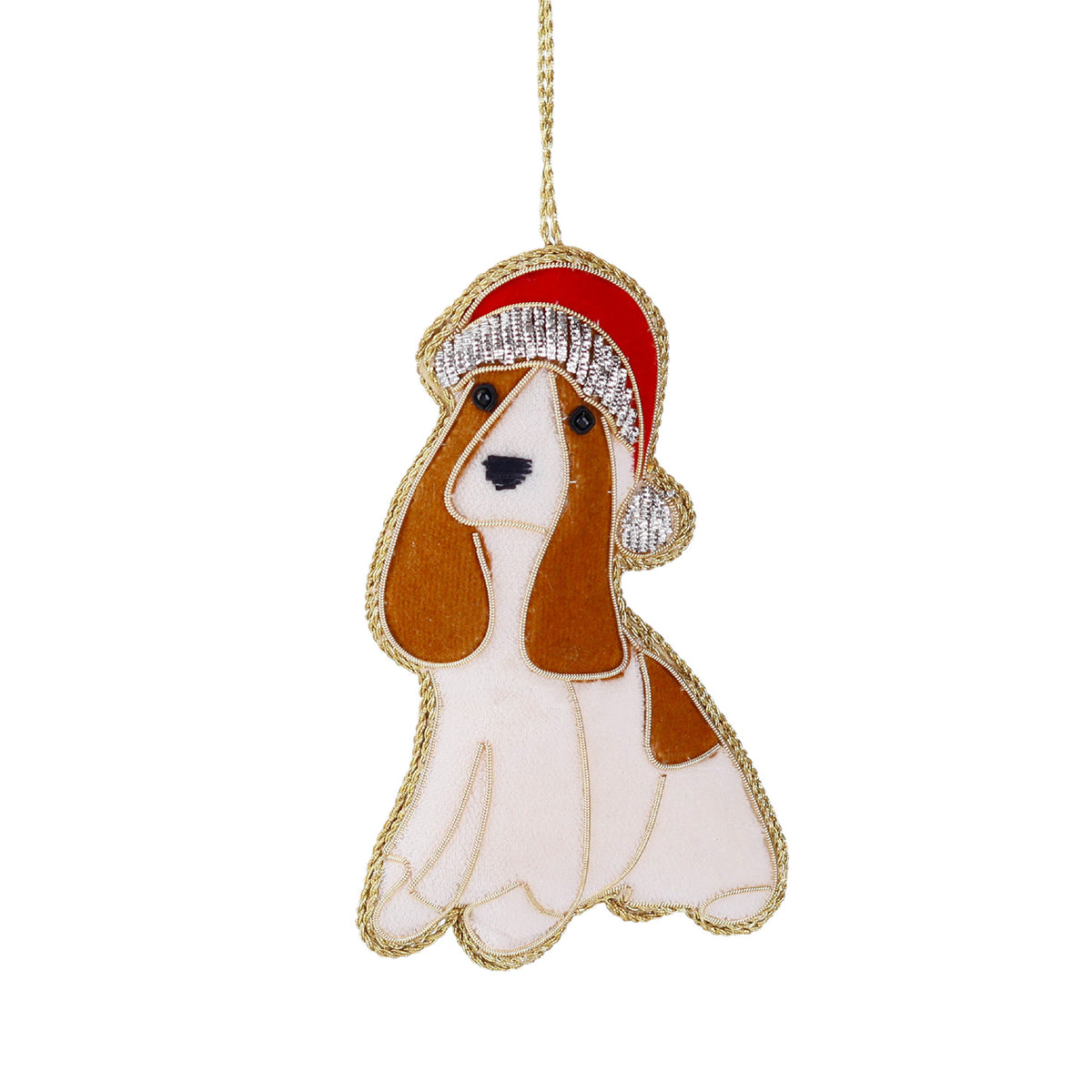 Ornament cățeluș de Crăciun din textil brodat, maro/roșu/crem, 13 cm