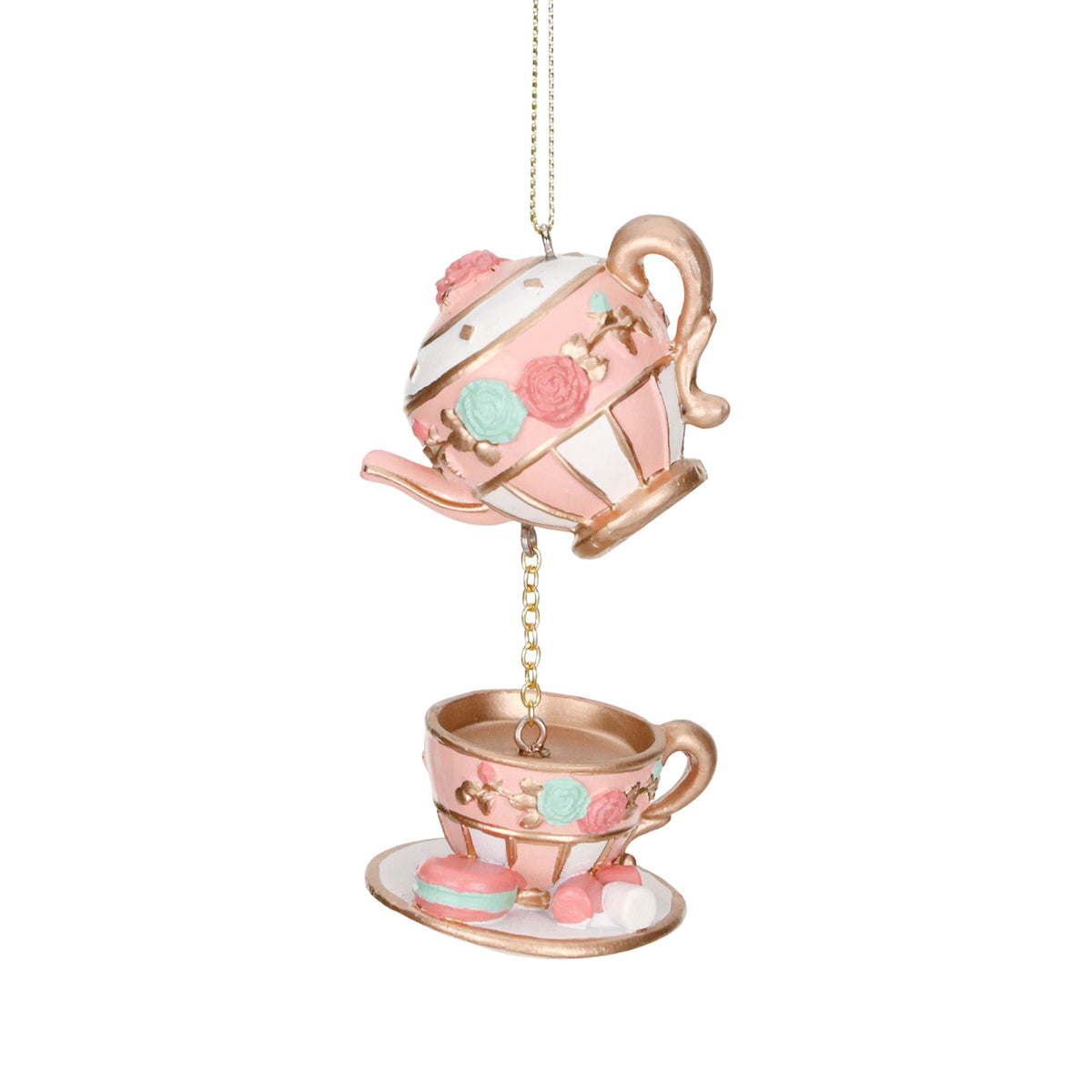 Ornament ceainic și ceașcă cu pandantive, roz/auriu/crem, 10,5 cm