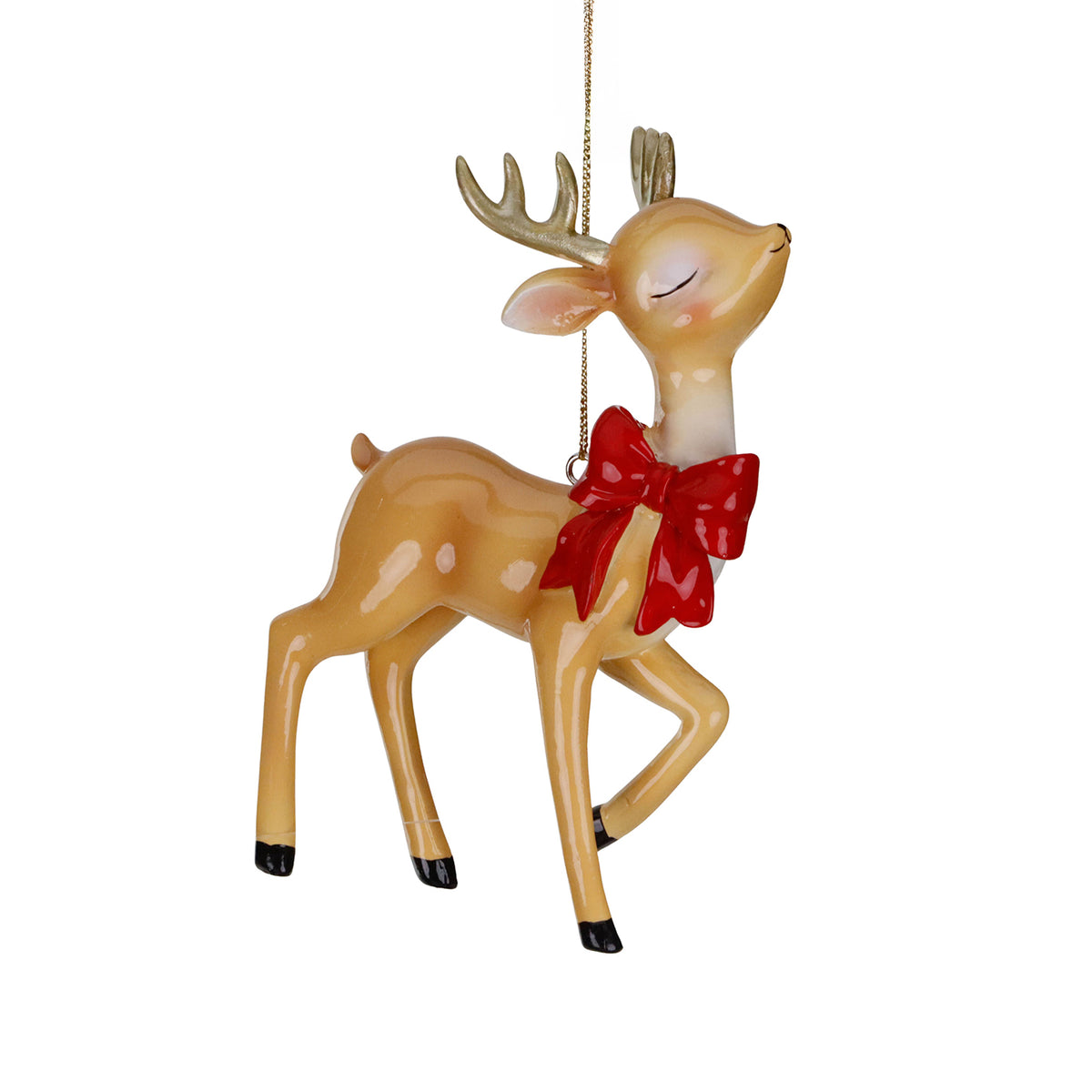 Ornament cerb simpatic cu fundă, maro/roșu/auriu, 15 cm