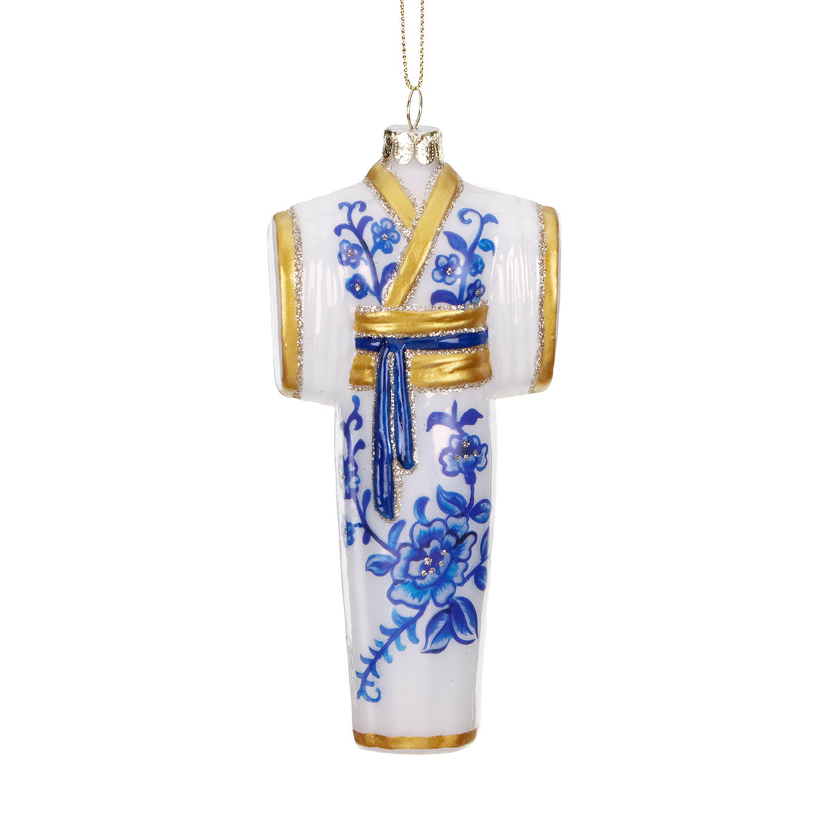 Ornament chimono oriental din sticlă, alb/albastru/auriu, 14 cm