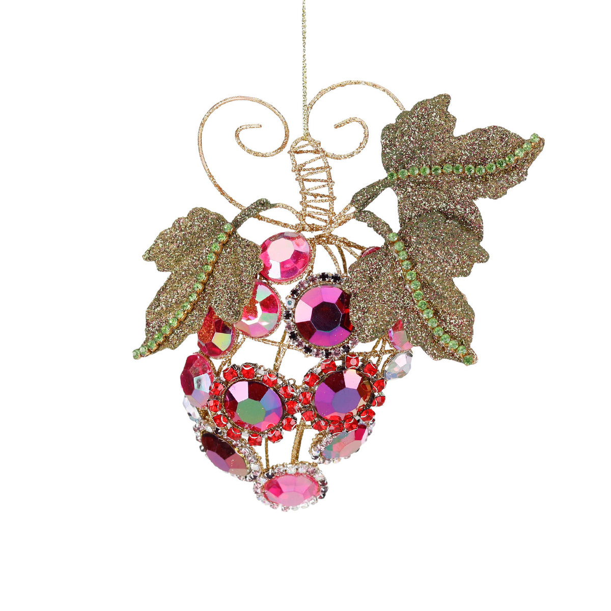 Ornament ciorchine de struguri din sârmă metalică cu pietre, mov/verde, 16 cm