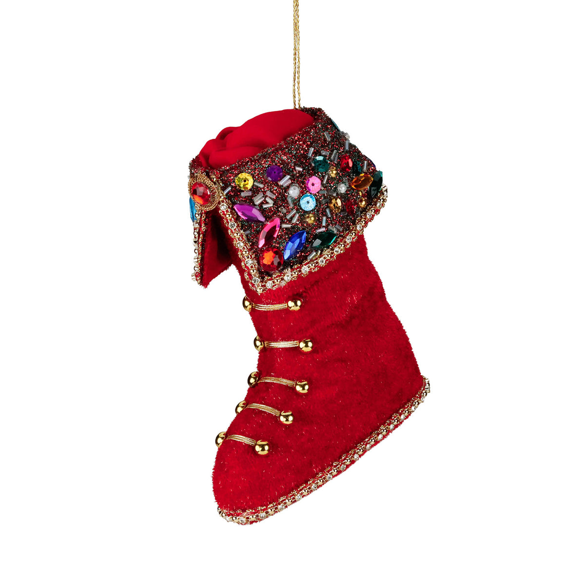 Ornament cizmă de Moș Crăciun funky din textil, roșu/auriu, 17 cm