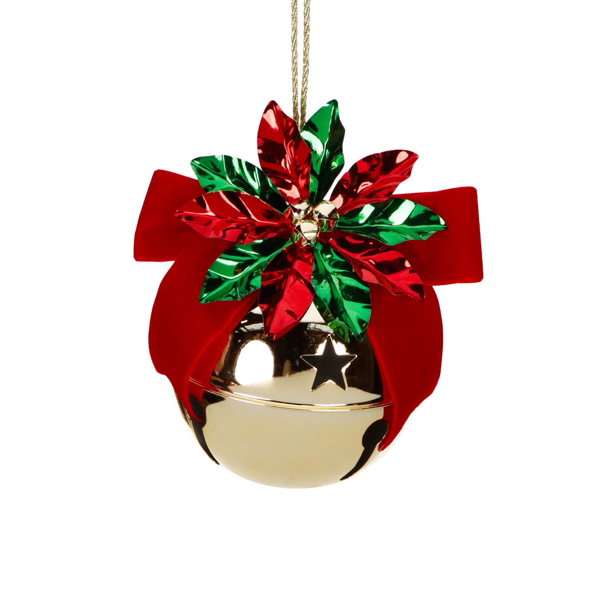 Ornament clopoțel rotund de Crăciun din metal, auriu/roșu/verde, 20,5 cm