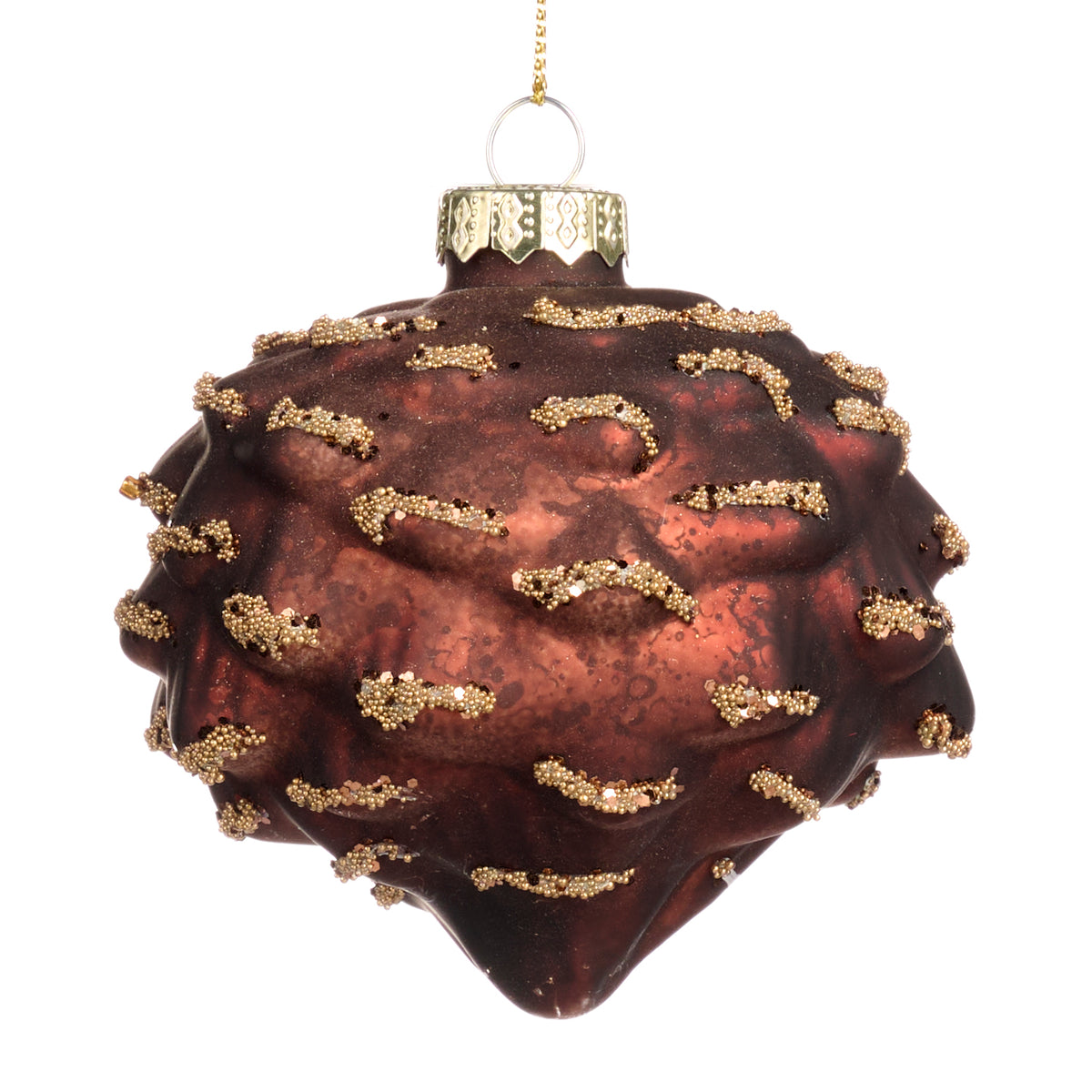 Ornament con de brad din sticlă cu mărgele, maro/auriu, 8 cm