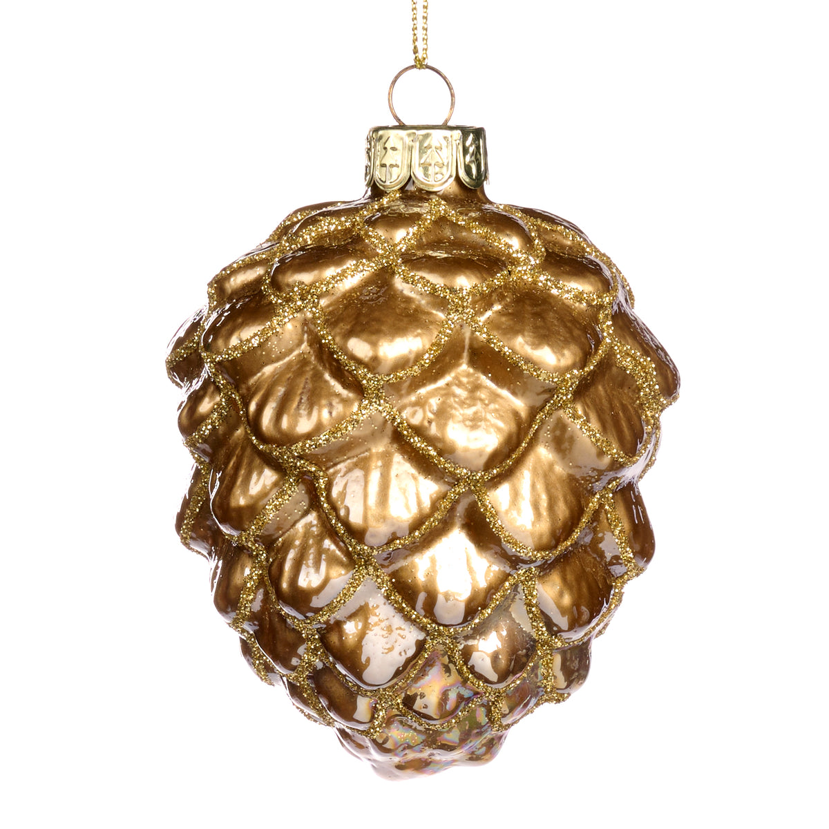 Ornament con de brad din sticlă cu sclipici, crem/auriu, 12 cm