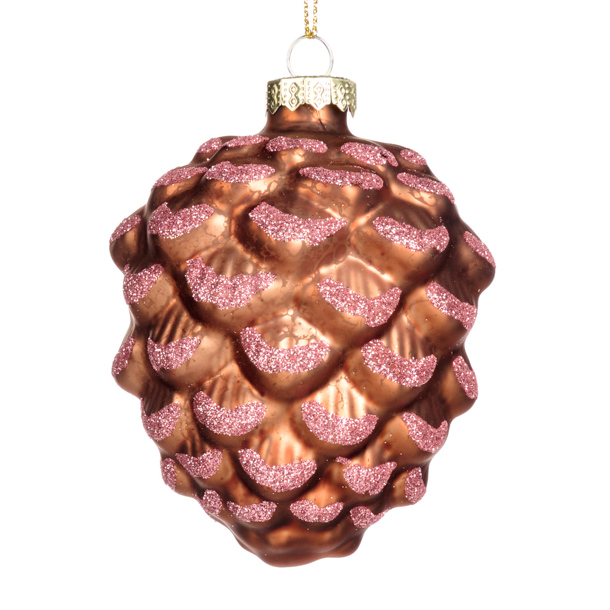 Ornament con de brad din sticlă cu sclipici, maro, 10 cm