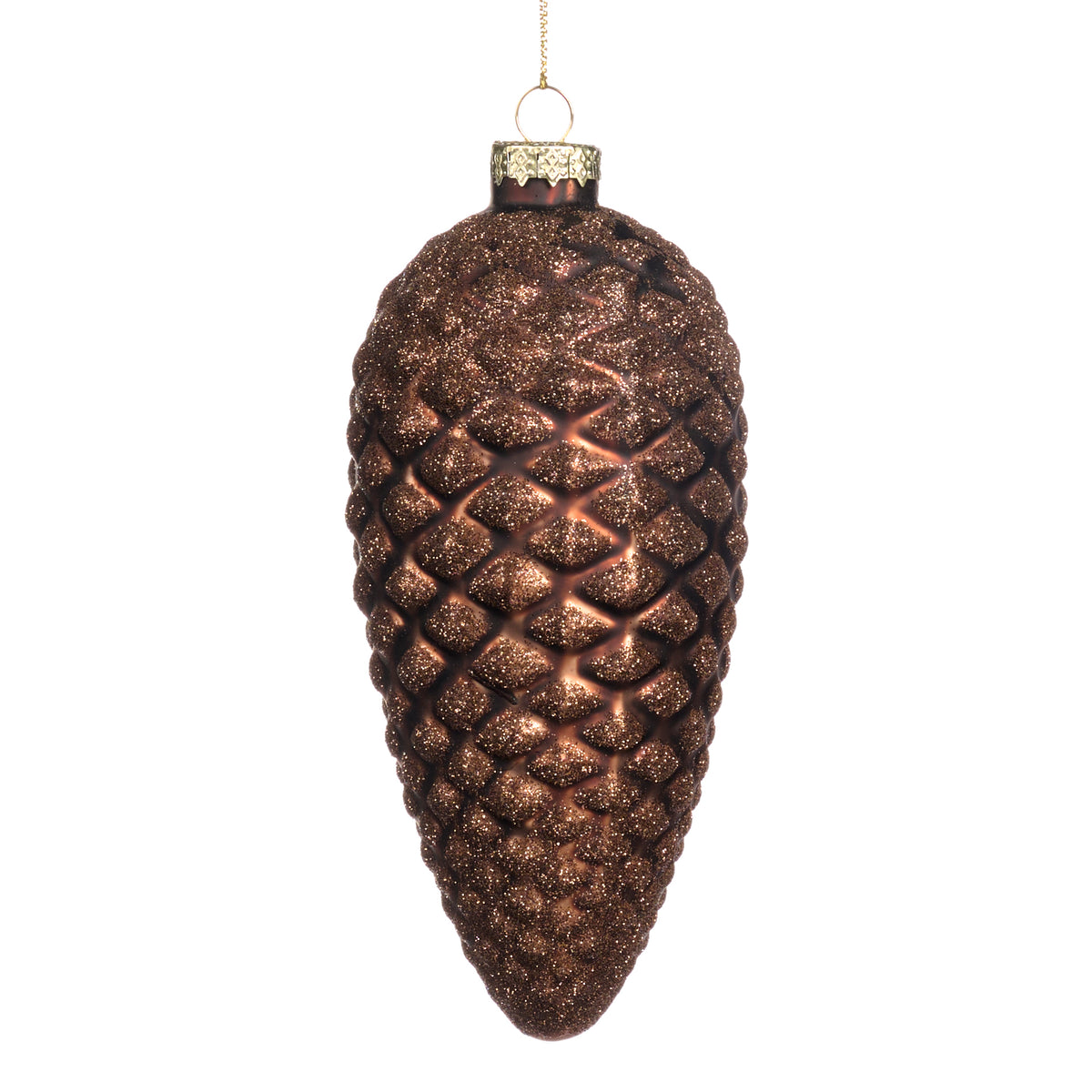 Ornament con de brad din sticlă cu sclipici, maro, 17 cm