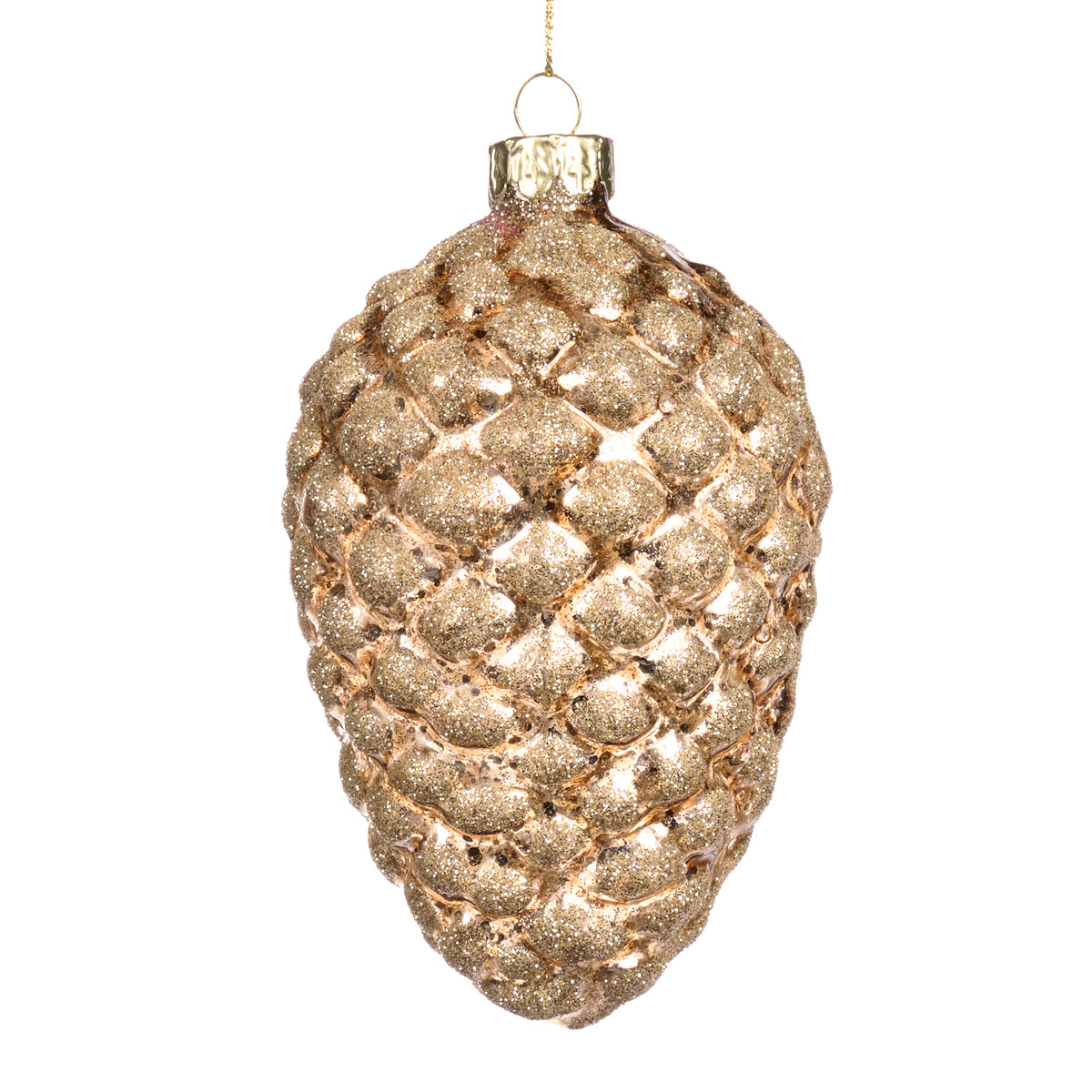 Ornament con de brad din sticlă cu sclipici, maro/auriu, 12 cm