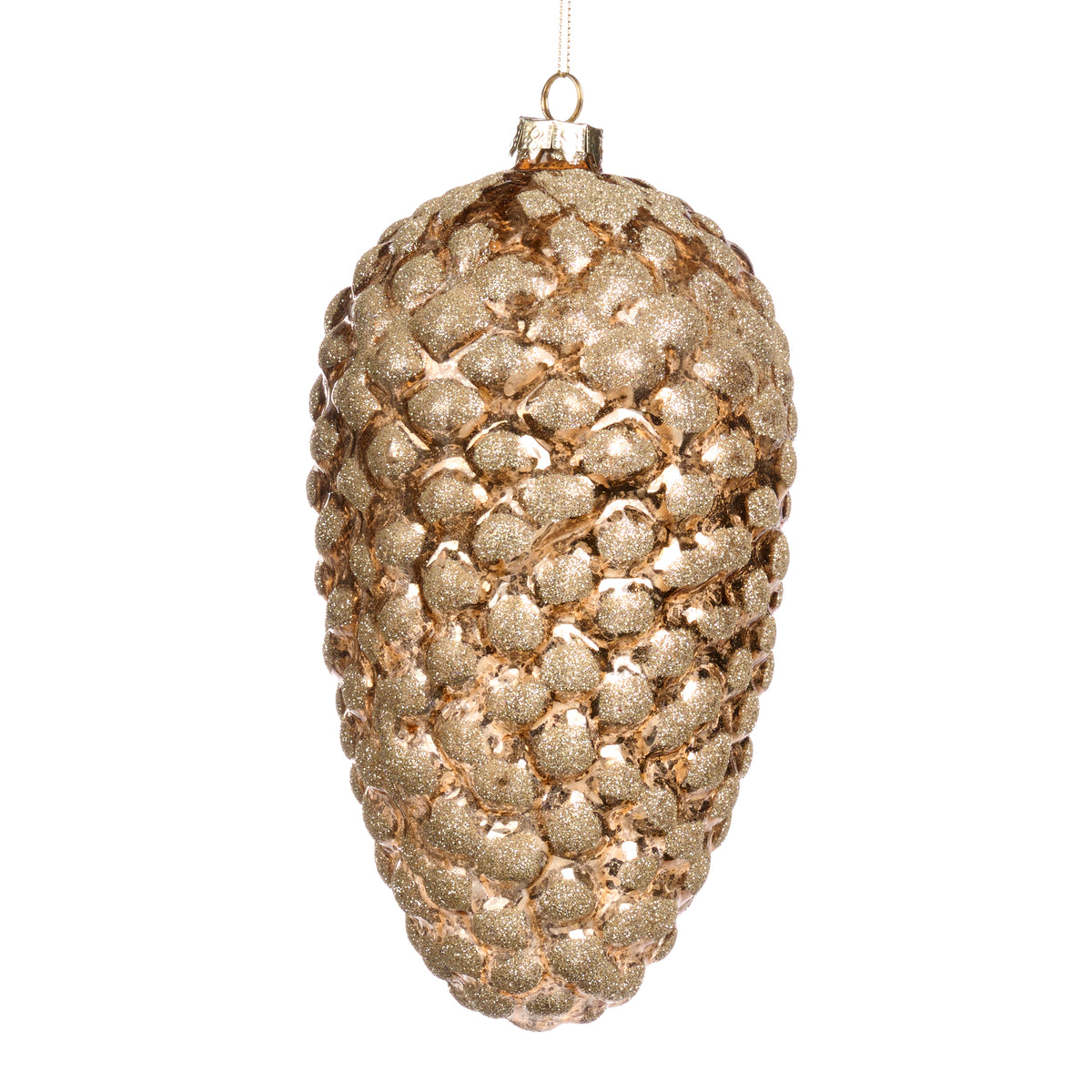 Ornament con de brad din sticlă cu sclipici, maro/auriu, 23 cm