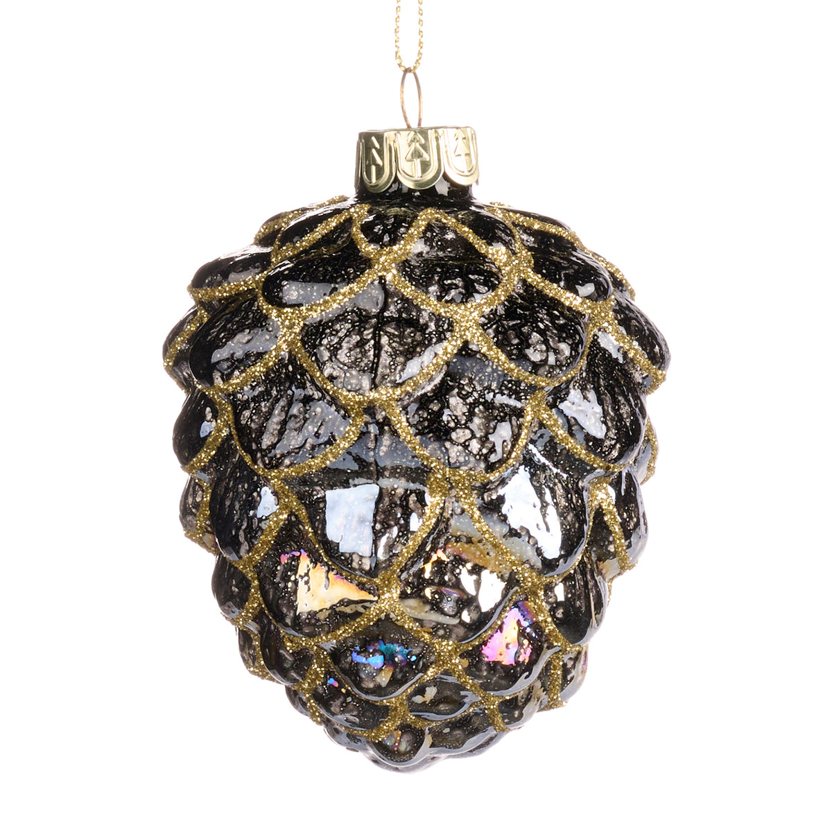Ornament con de brad din sticlă cu sclipici și efect de ulei, negru/multicolor, 10 cm
