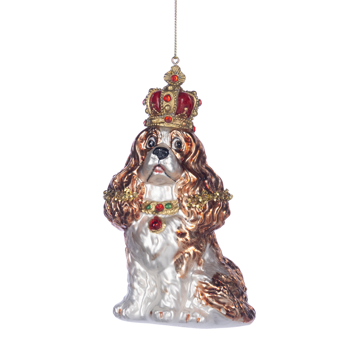 Ornament corgi regal din sticlă, cu coroană, maro/alb/roșu, 14 cm
