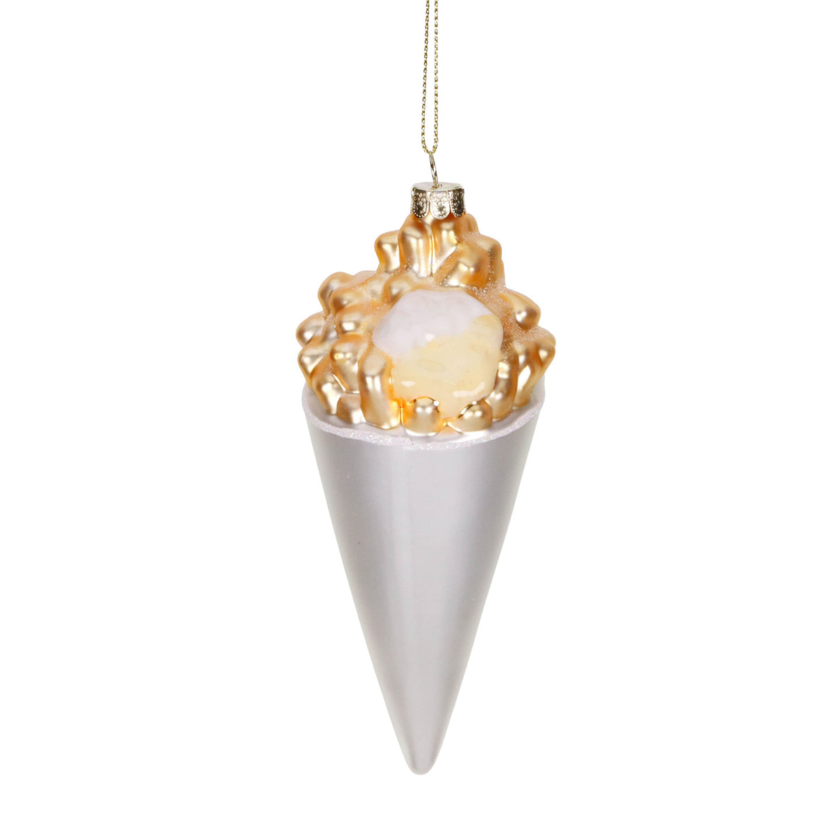 Ornament cornet cu cartofi prăjiți din sticlă, crem/auriu/alb, 14,5 cm