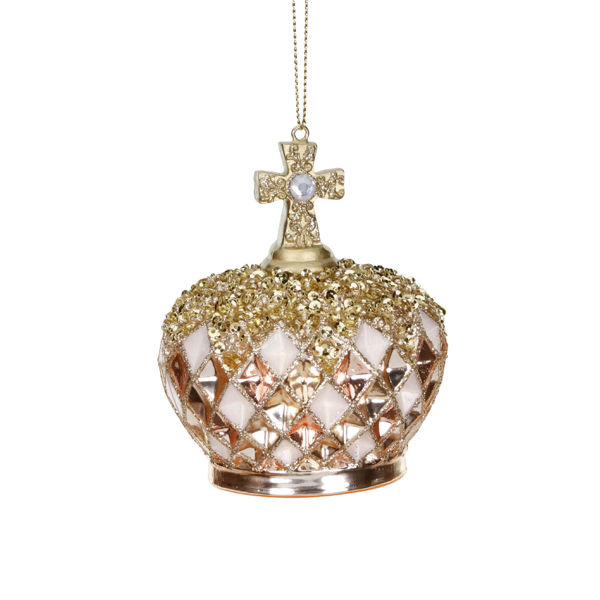 Ornament coroană din sticlă cu paiete și cruce, auriu/crem, 9,5 cm