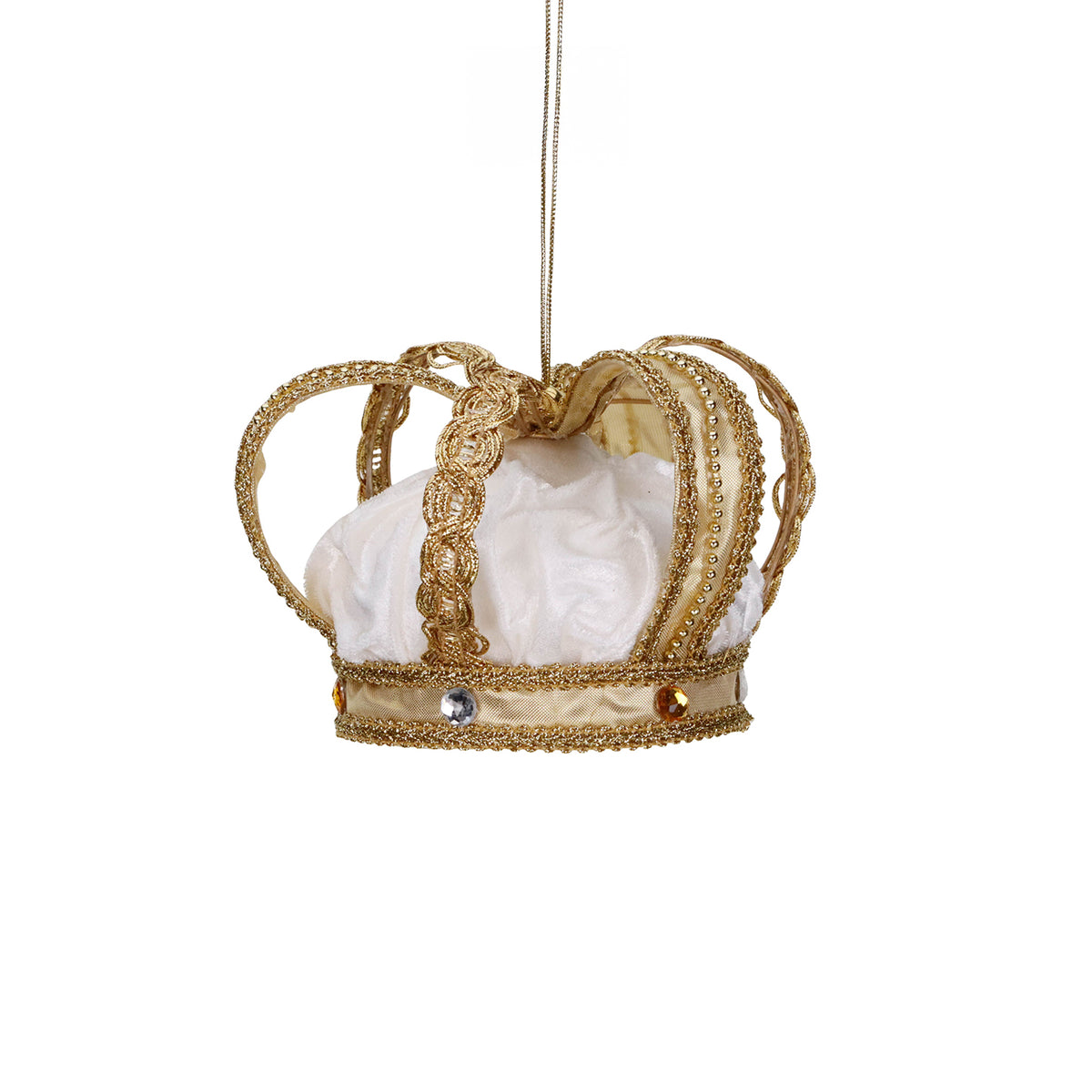 Ornament coroană din textil și catifea, crem/auriu, 16 cm