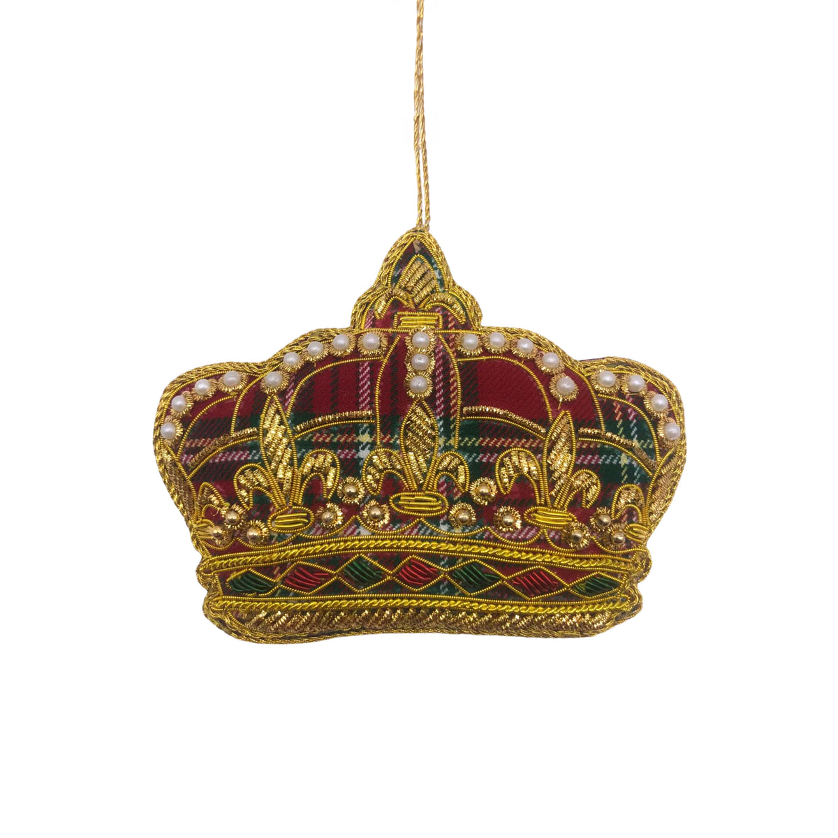 Ornament coroană din textil tartan, roșu/auriu/verde, 12 cm