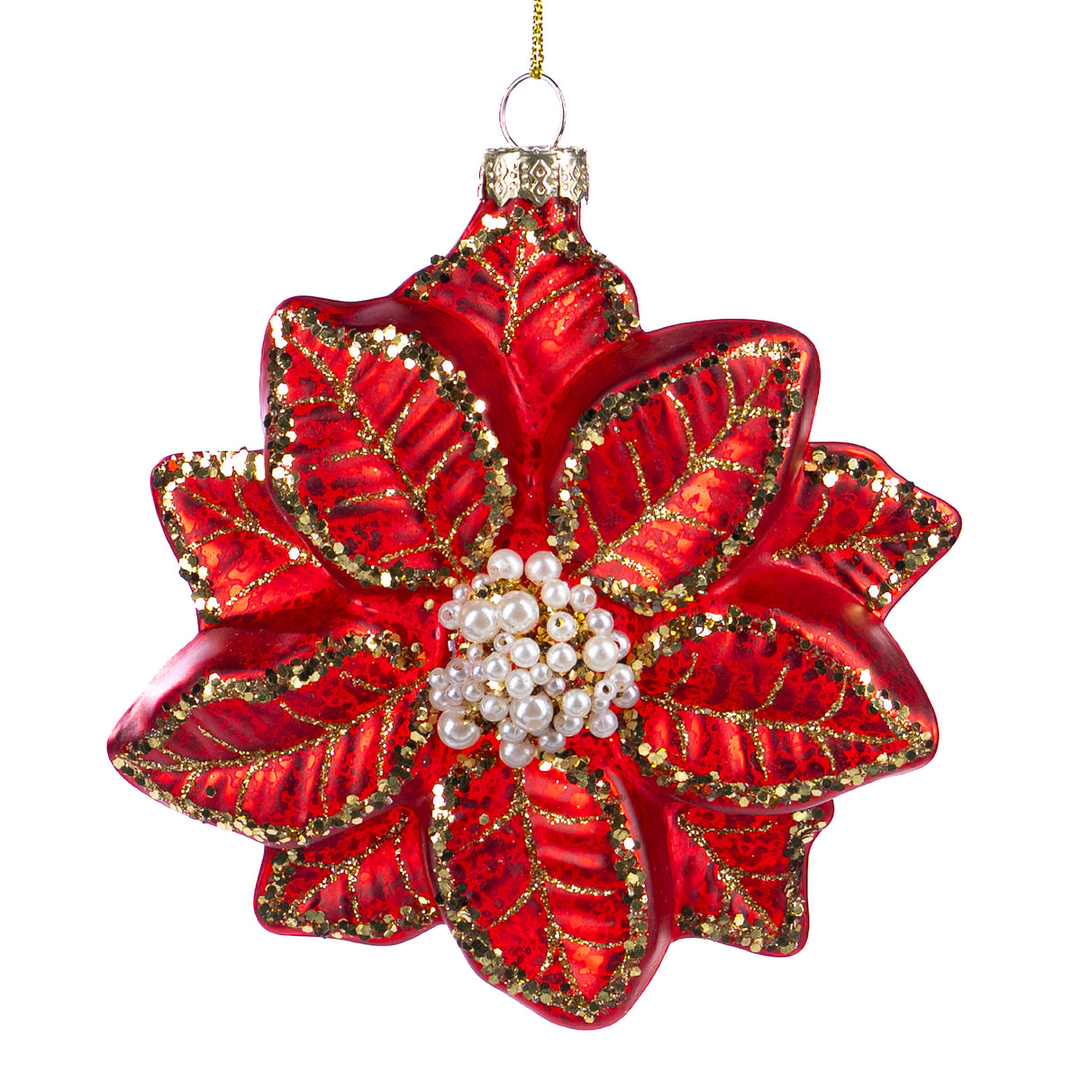 Ornament crăciuniță din sticlă cu sclipici și perle, roșu/alb/auriu, 14 cm