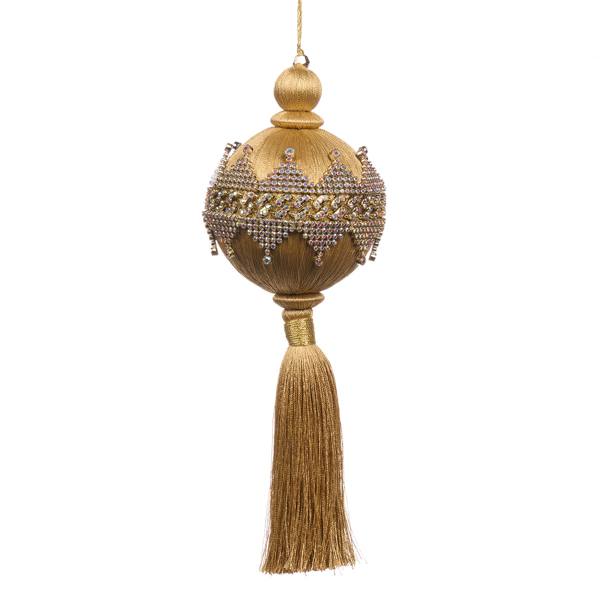 Ornament cu ciucure, bilă din fir și bordură cu pietre, auriu, 28 cm