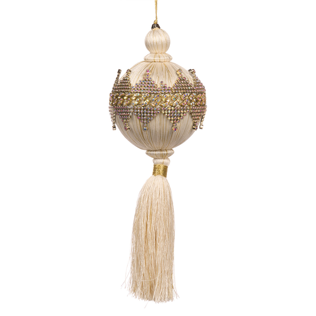 Ornament cu ciucure, bilă din fir și bordură cu pietre, crem/auriu, 28 cm