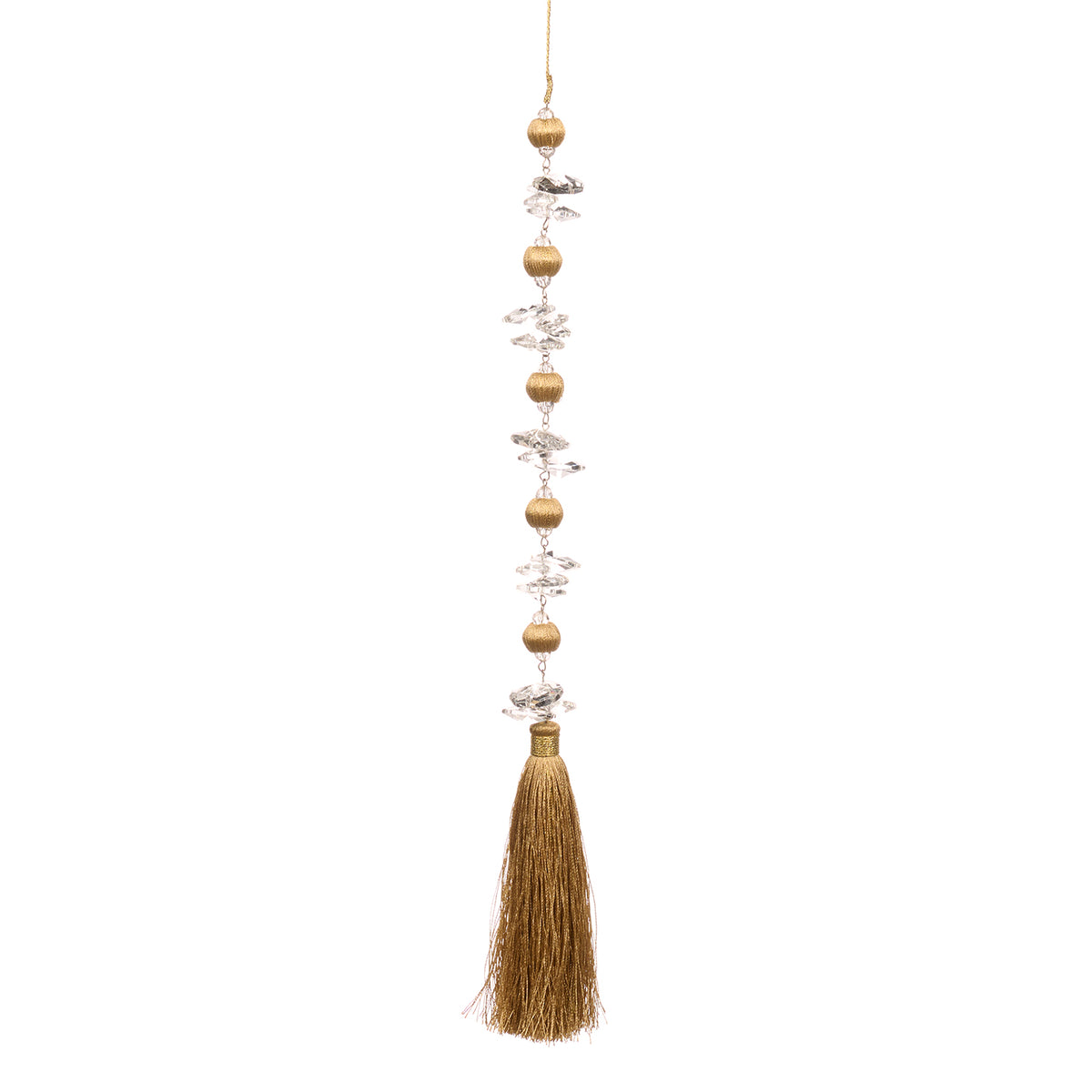 Ornament cu ciucure, glob din sticlă și bilă din fir, transparent/auriu, 41,5 cm