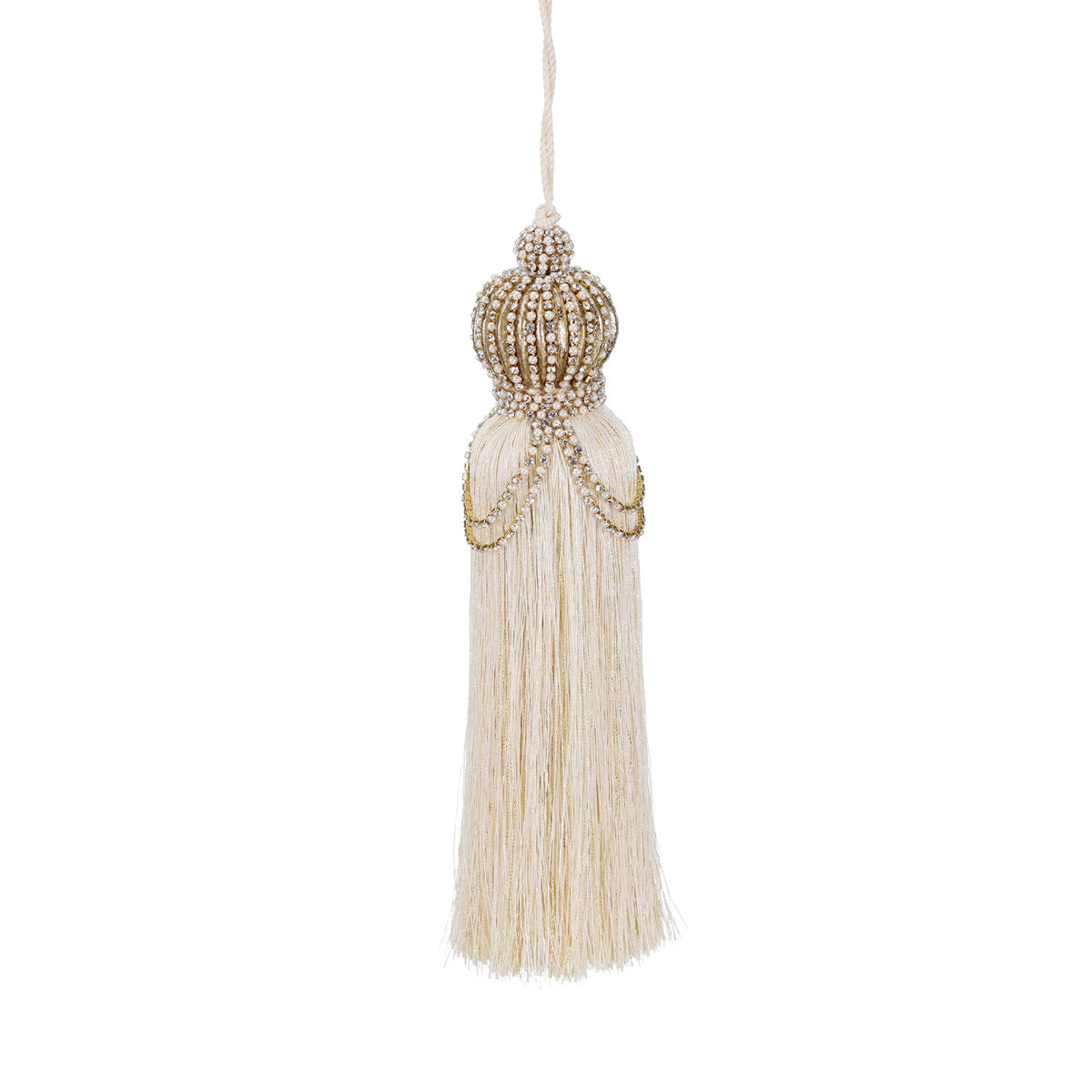 Ornament cu ciucure și coroană cu pietre și perle, crem/auriu, 25 cm