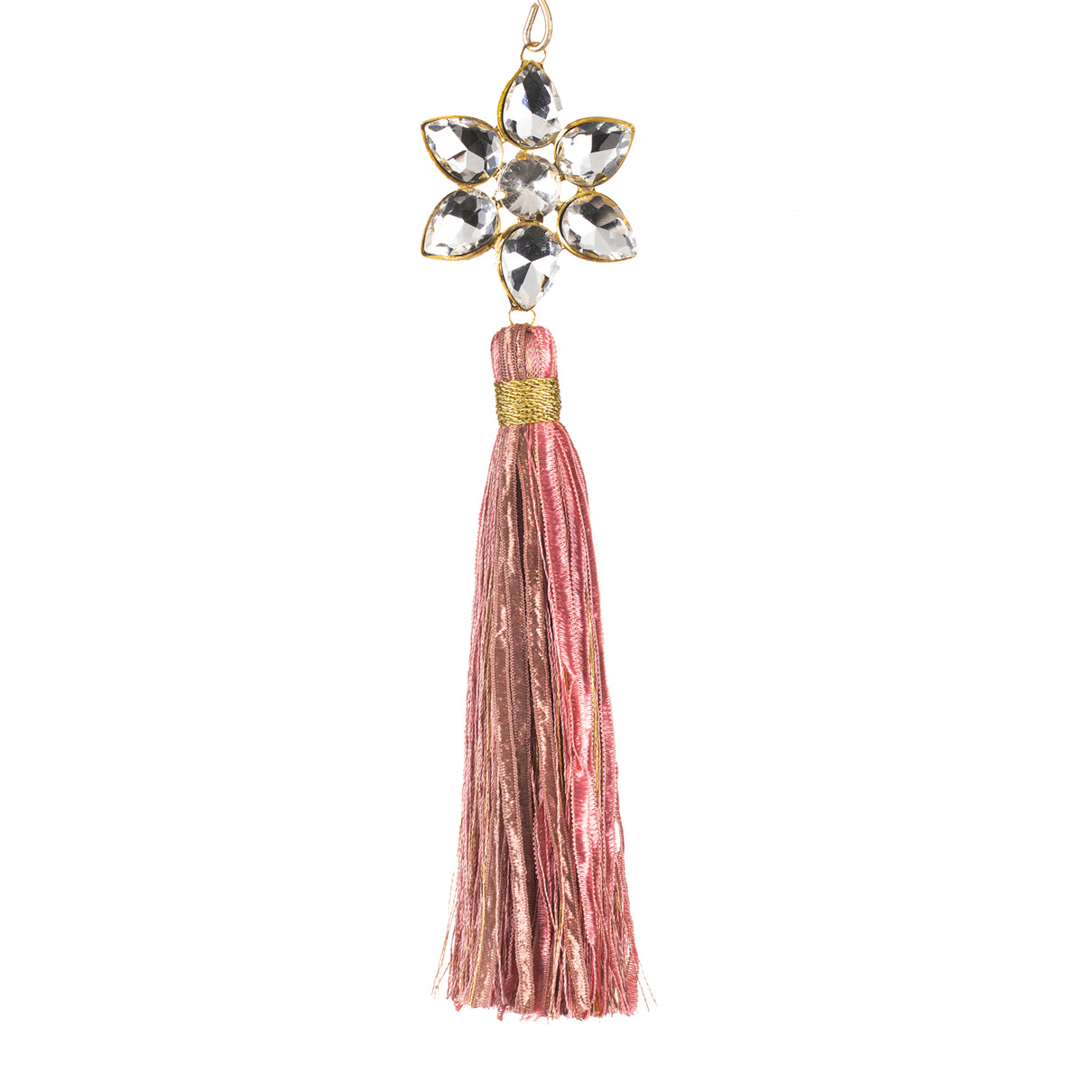 Ornament cu floare, pietre și ciucure, roz, 20 cm