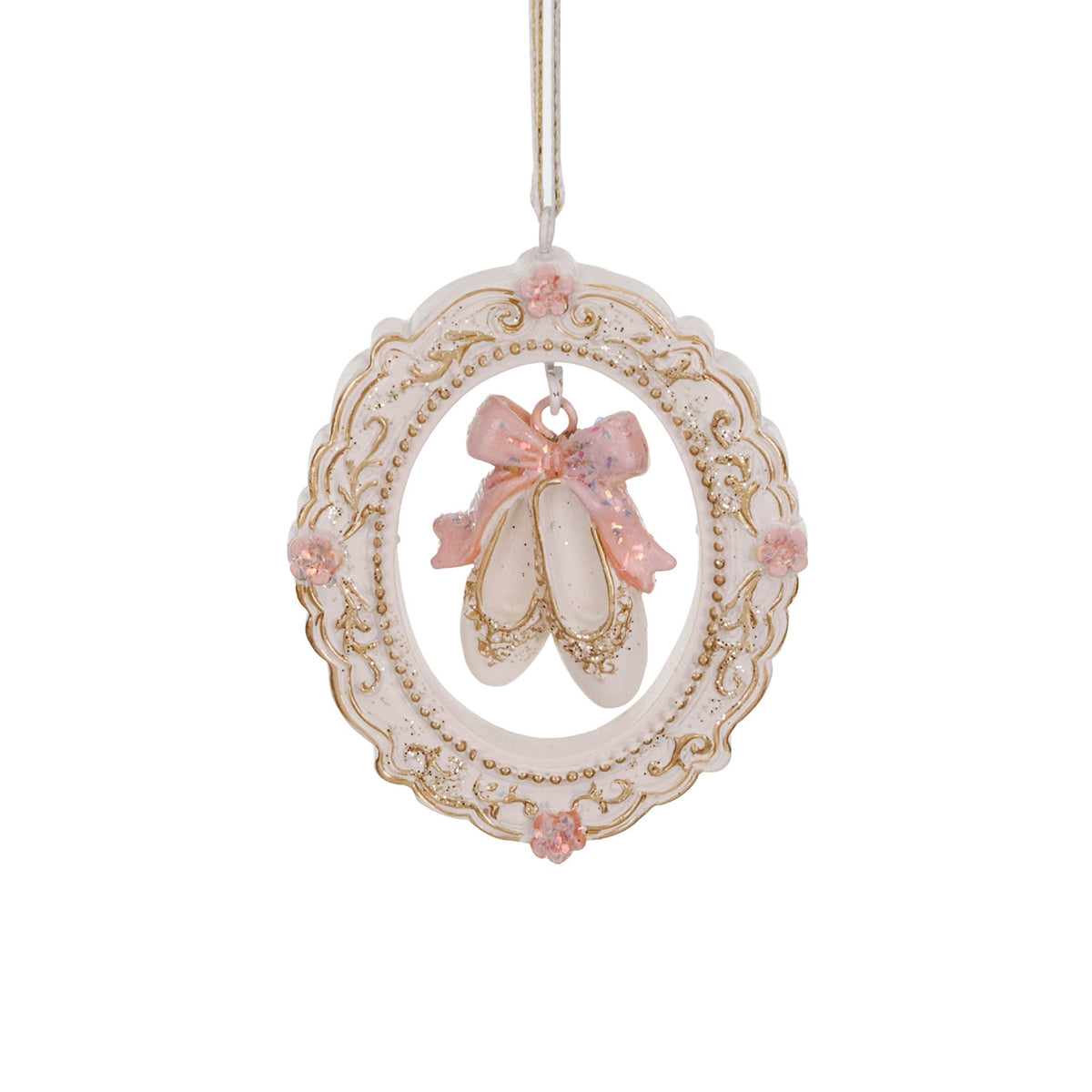 Ornament cu pantofi de balet în ramă, crem/roz/auriu, 8 cm